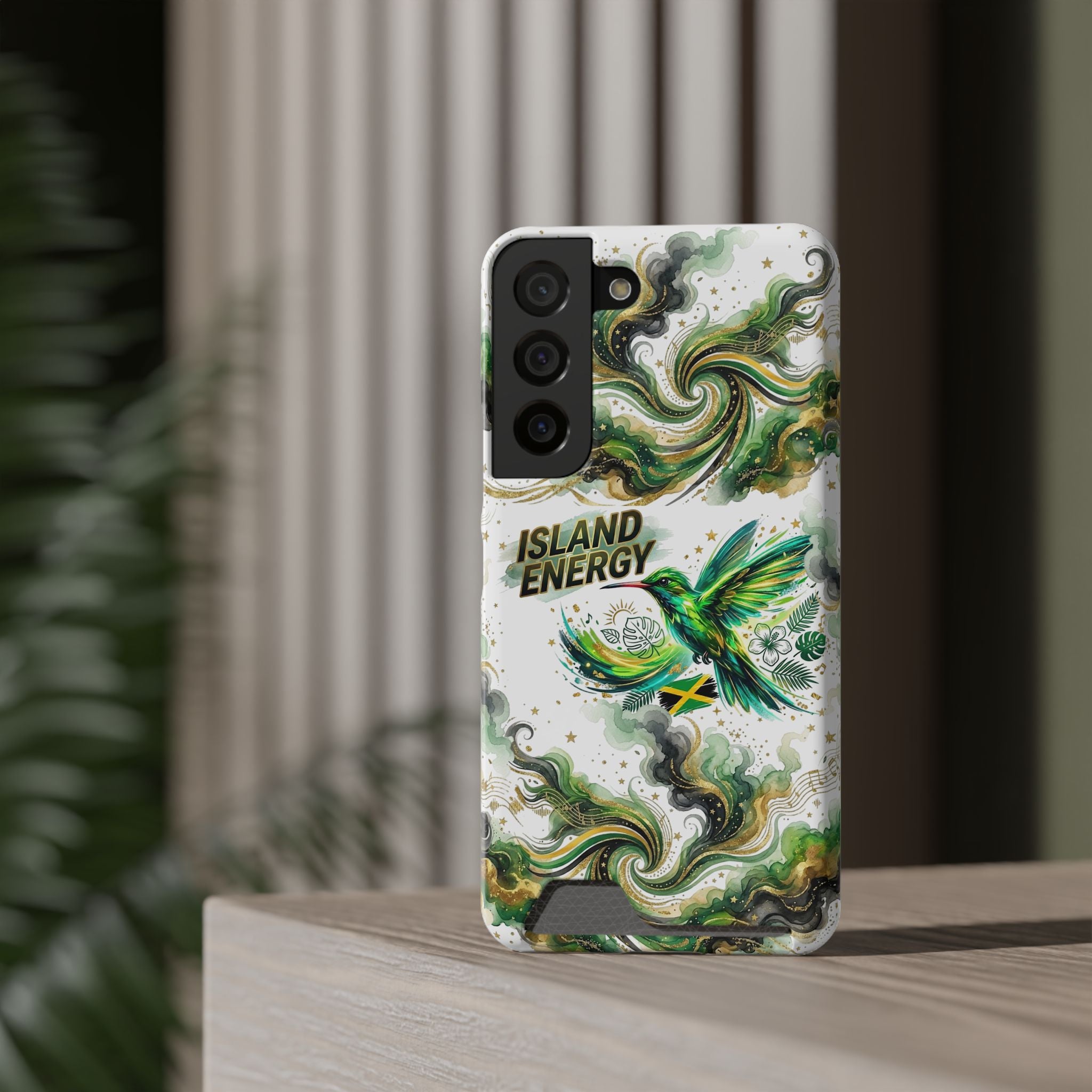 Phone Case with Card Holder — 'Island Energy' Green Hummingbird Design
