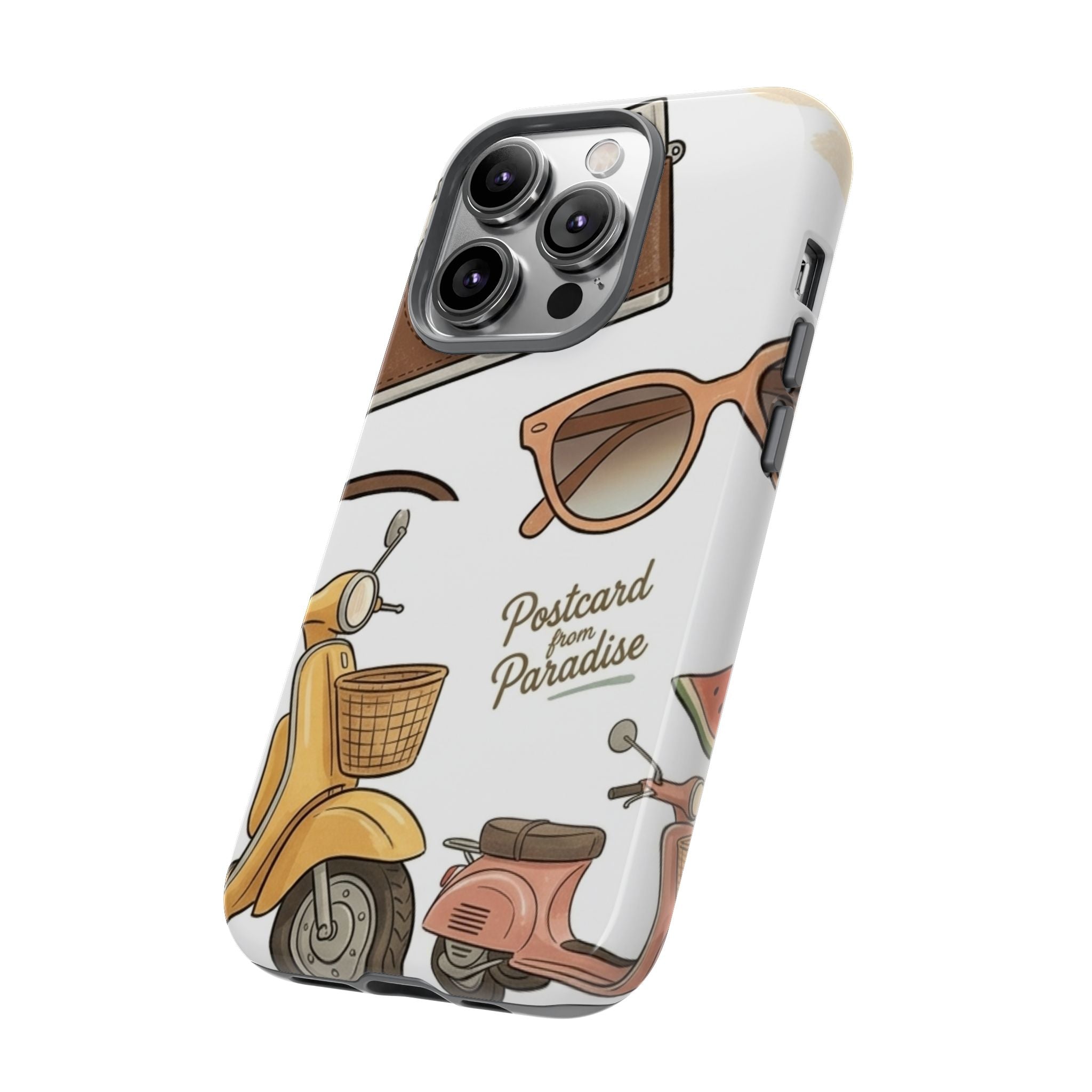 Vintage Summer Beach Phone Case — Feminine Travel Pattern with Cameras, Sunglasses & Scooter