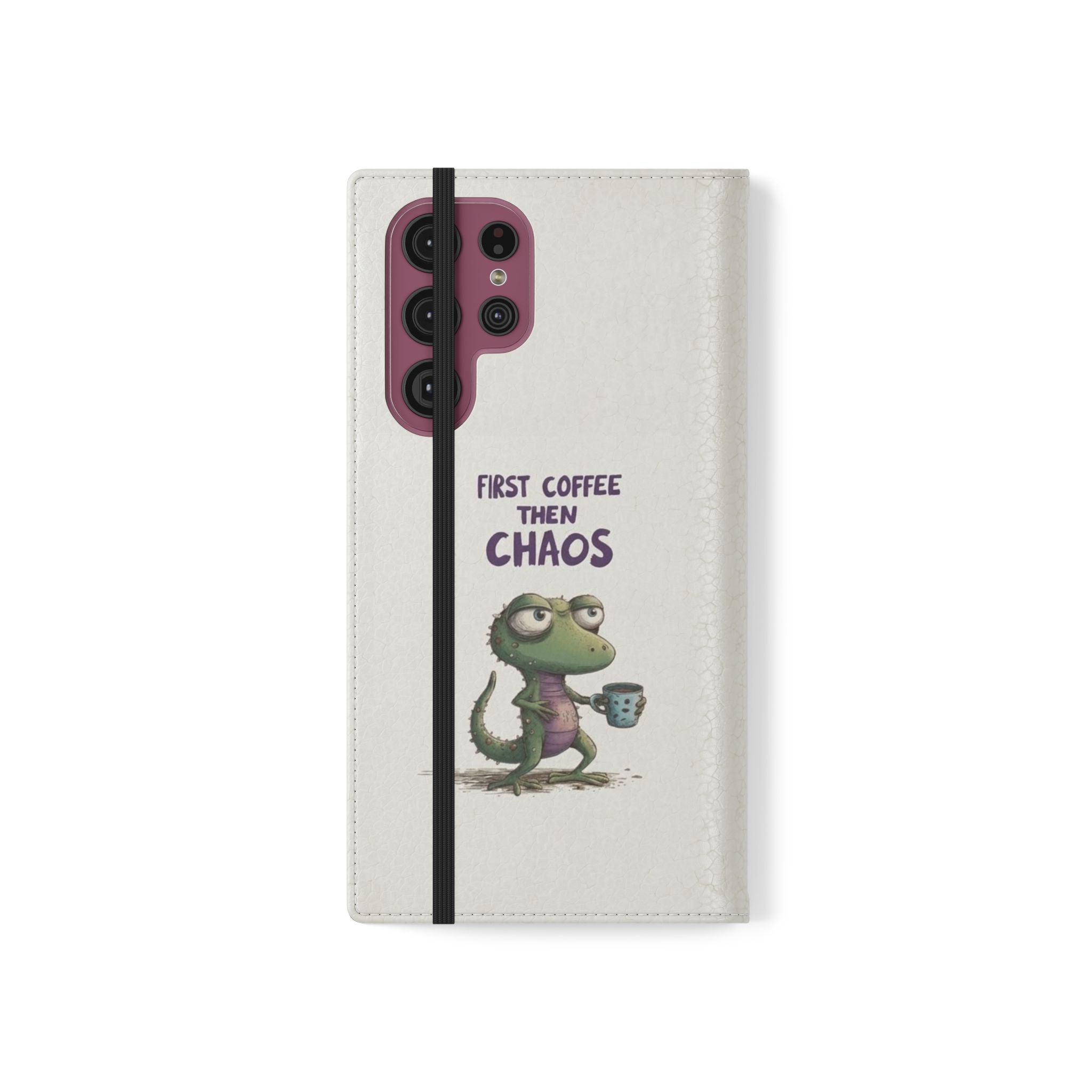 Flip Case — "First Coffee Then Chaos" Cute Dino Phone Wallet