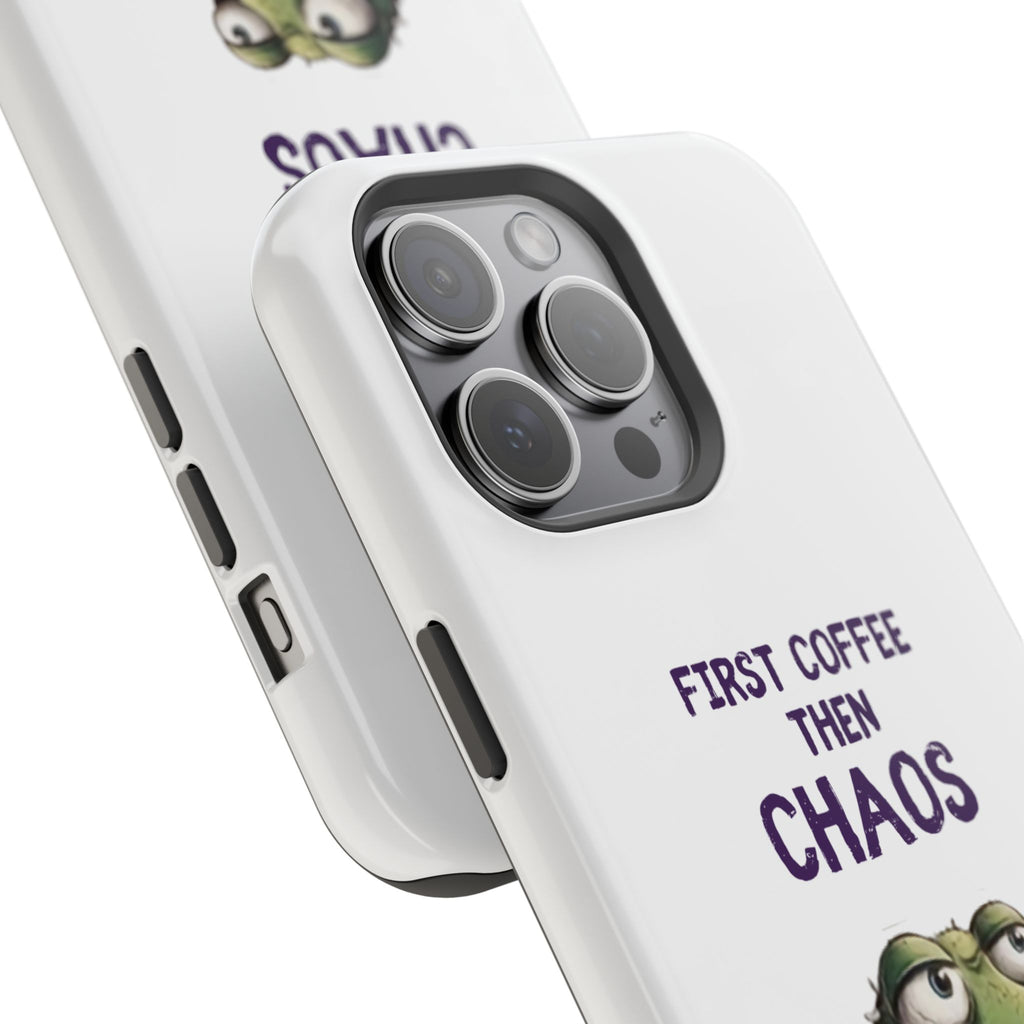 Impact-Resistant Phone Case — "First Coffee Then Chaos" Cute Lizard Coffee Design