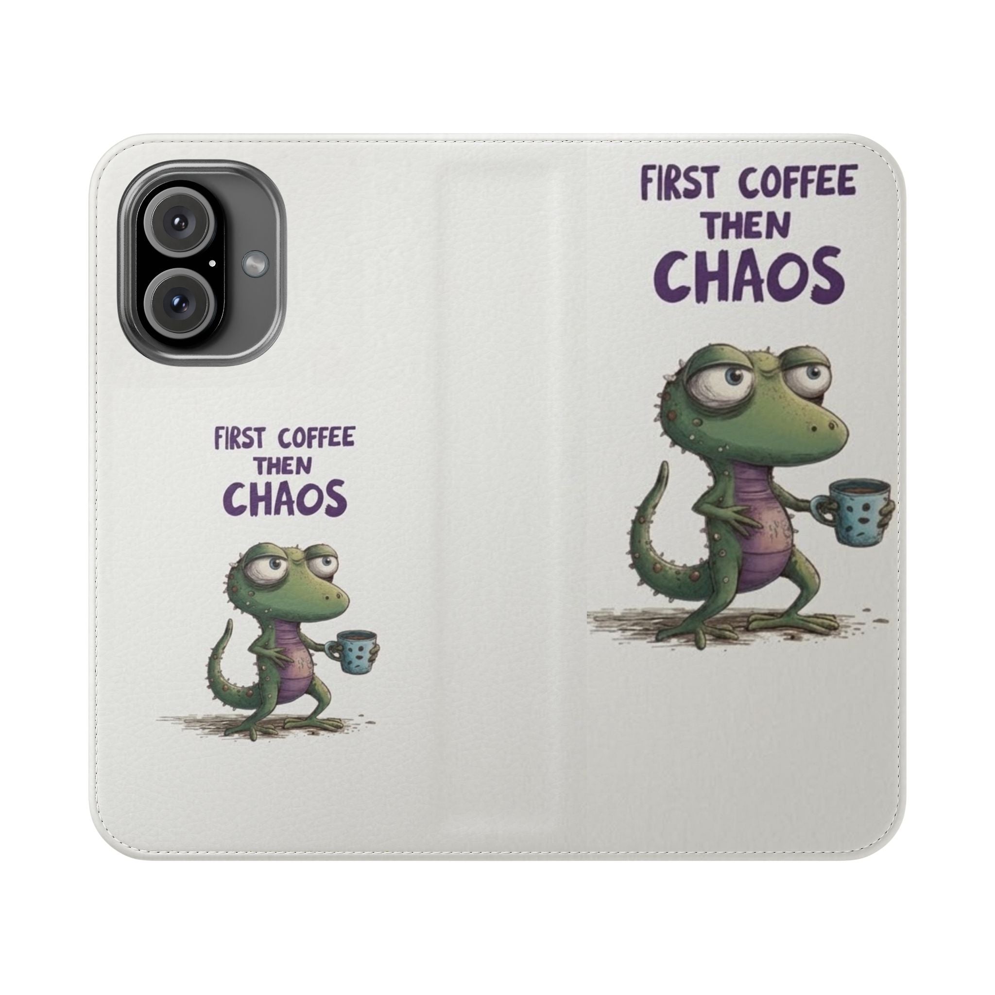 Flip Case — "First Coffee Then Chaos" Cute Dino Phone Wallet