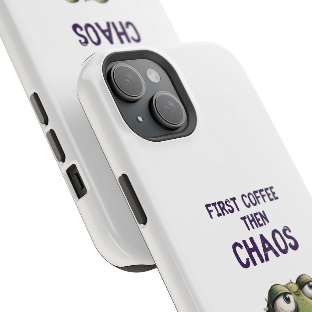 Impact-Resistant Phone Case — "First Coffee Then Chaos" Cute Lizard Coffee Design