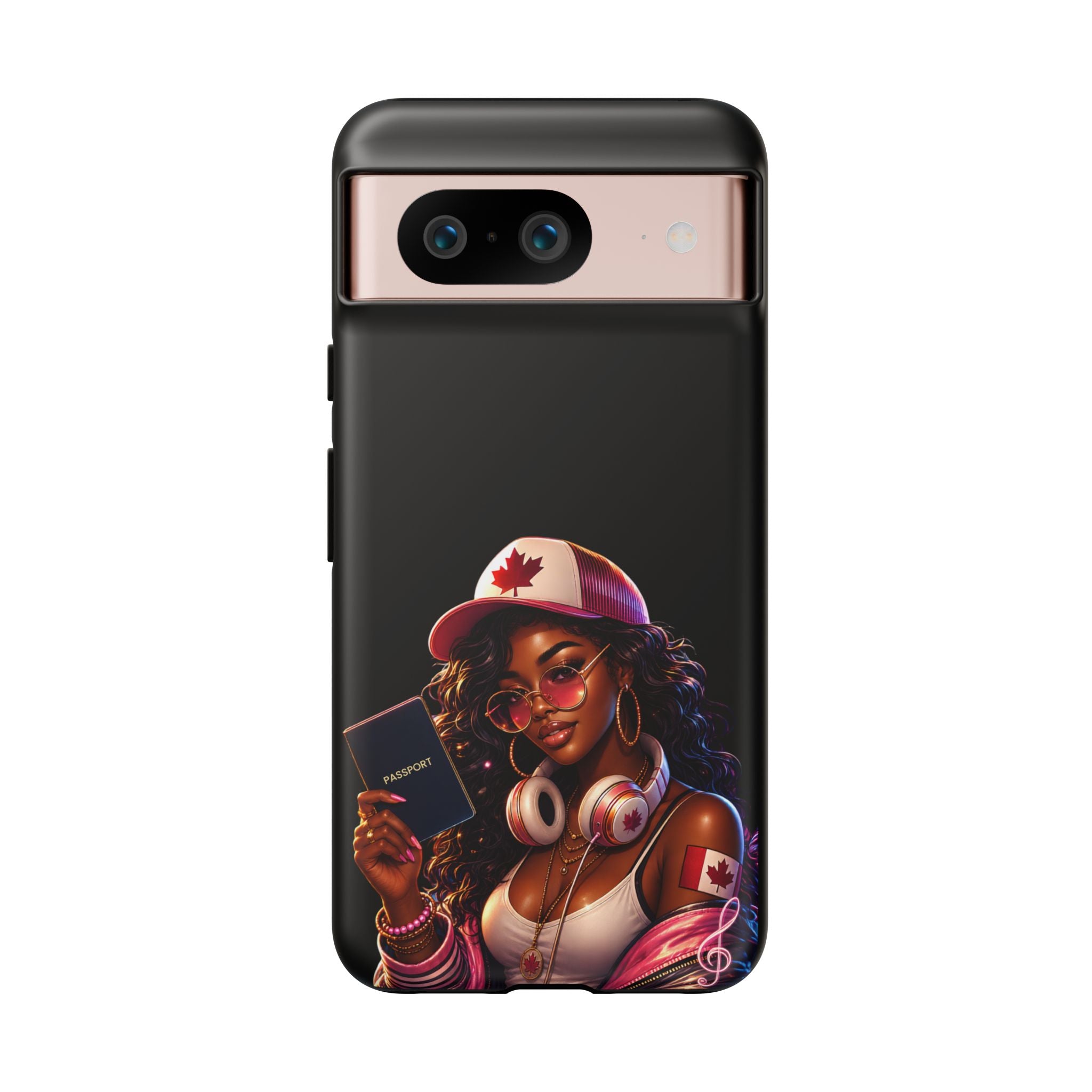 Canadian Vibes Phone Case — Afrobeat Girl with Headphones & Passport Design