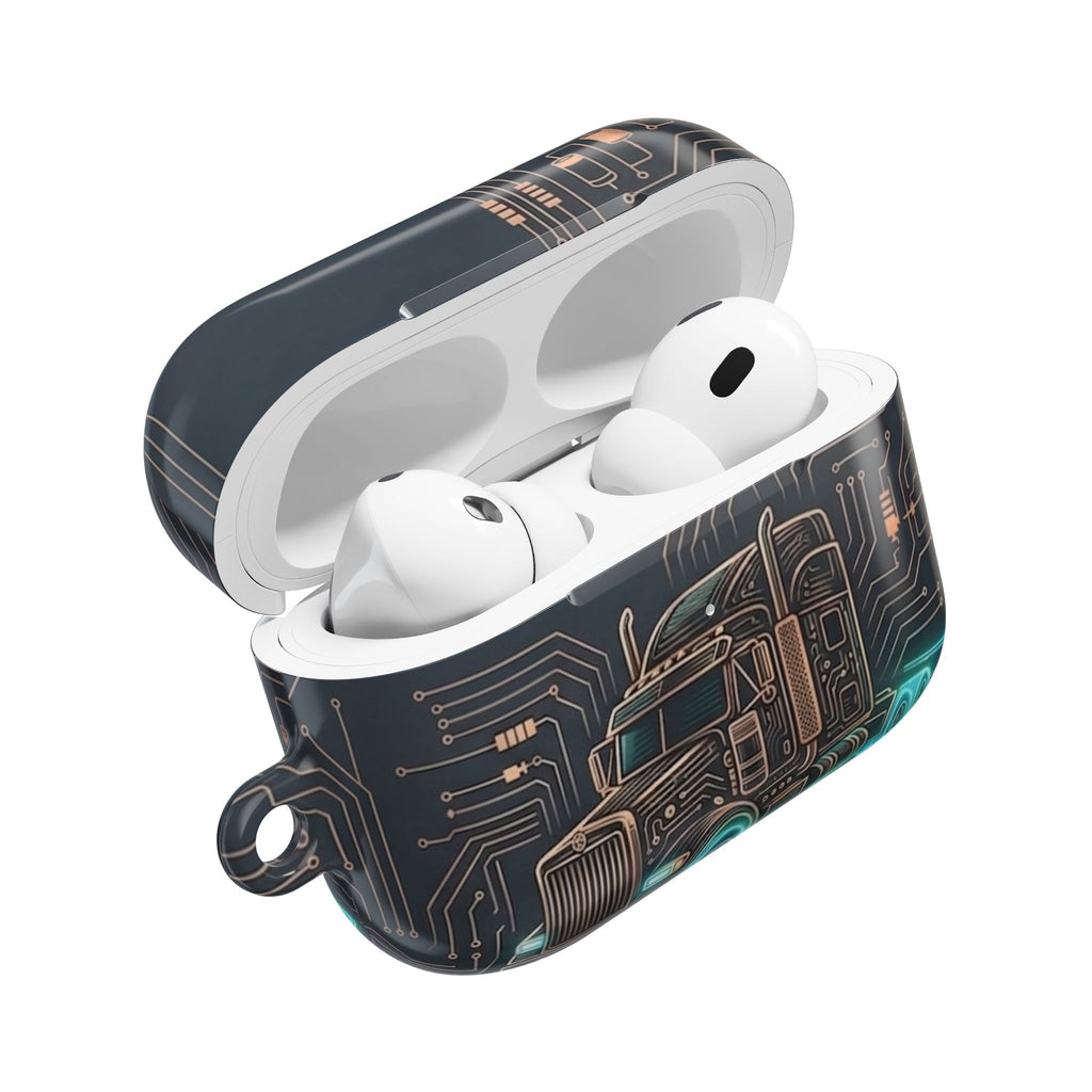 Trucker Tech AirPods Case — Neon Semi Truck Circuit Design