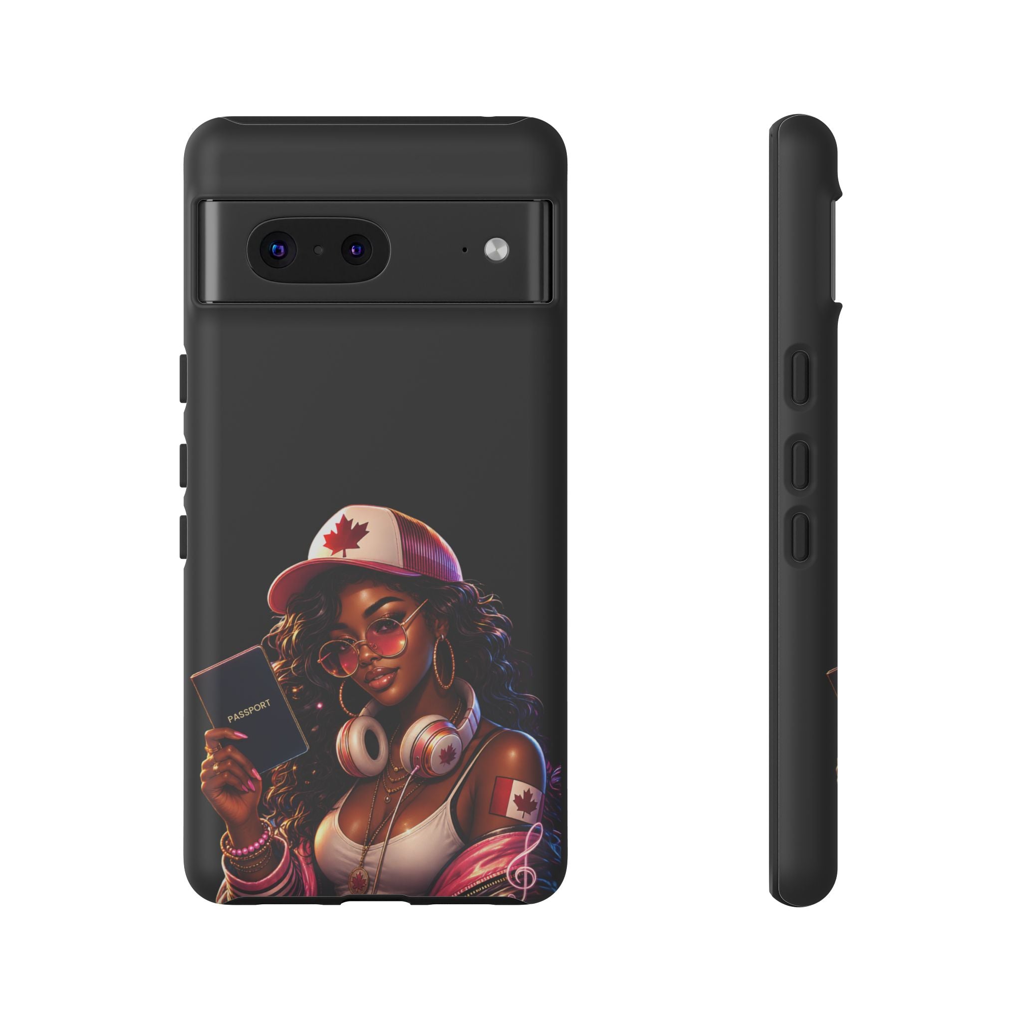 Canadian Vibes Phone Case — Afrobeat Girl with Headphones & Passport Design