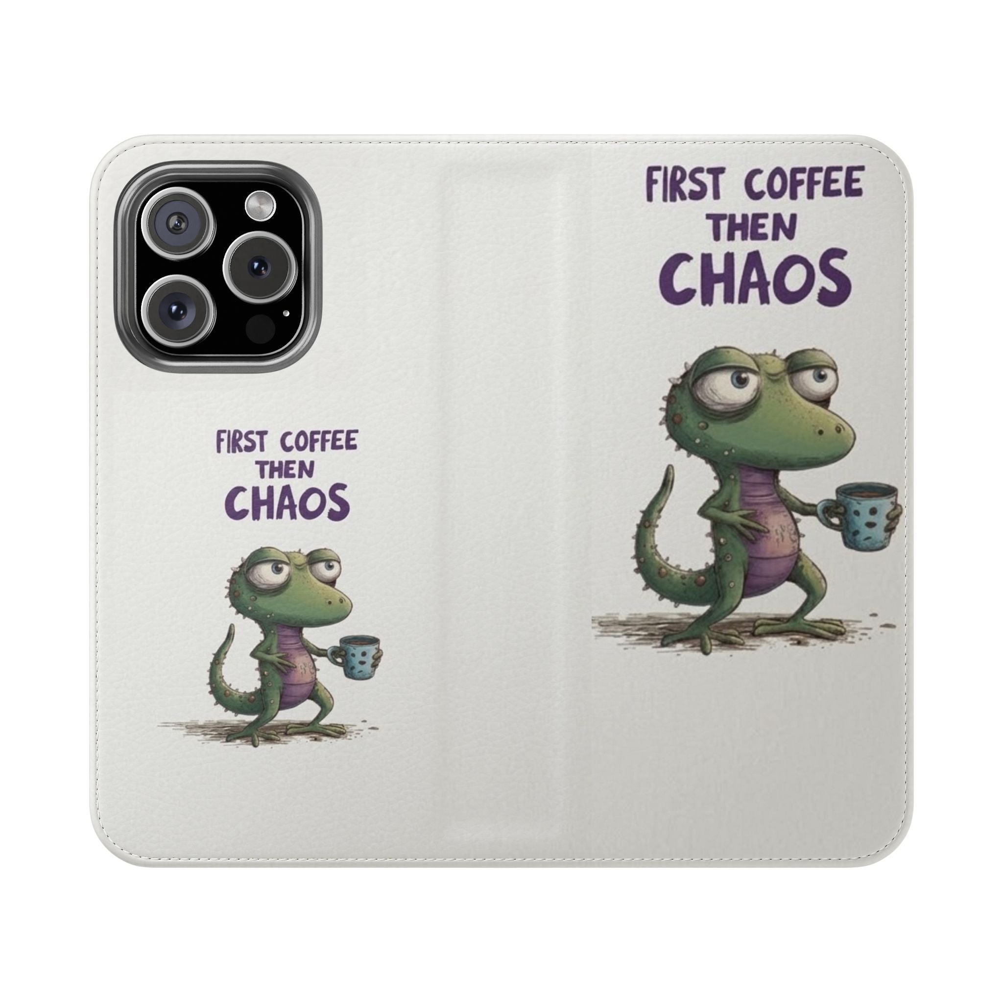 Flip Case — "First Coffee Then Chaos" Cute Dino Phone Wallet