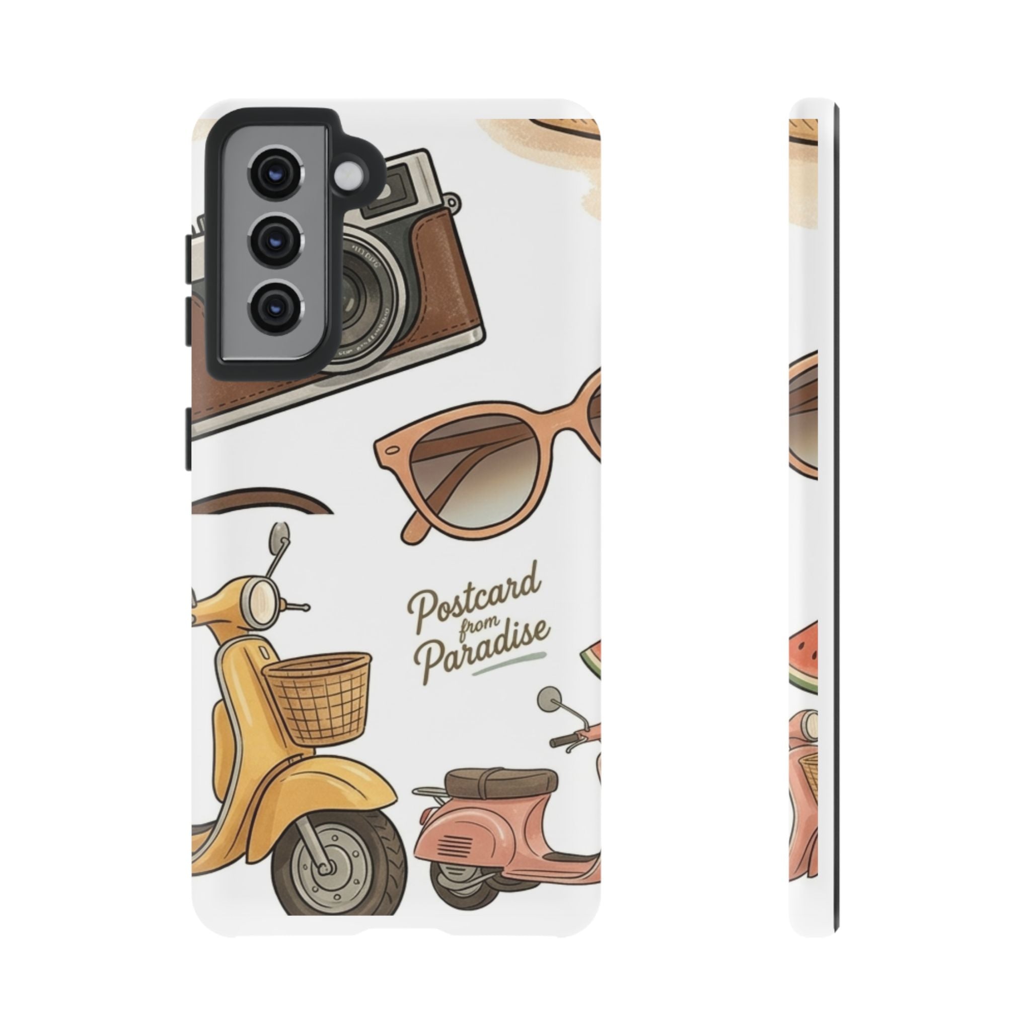 Vintage Summer Beach Phone Case — Feminine Travel Pattern with Cameras, Sunglasses & Scooter