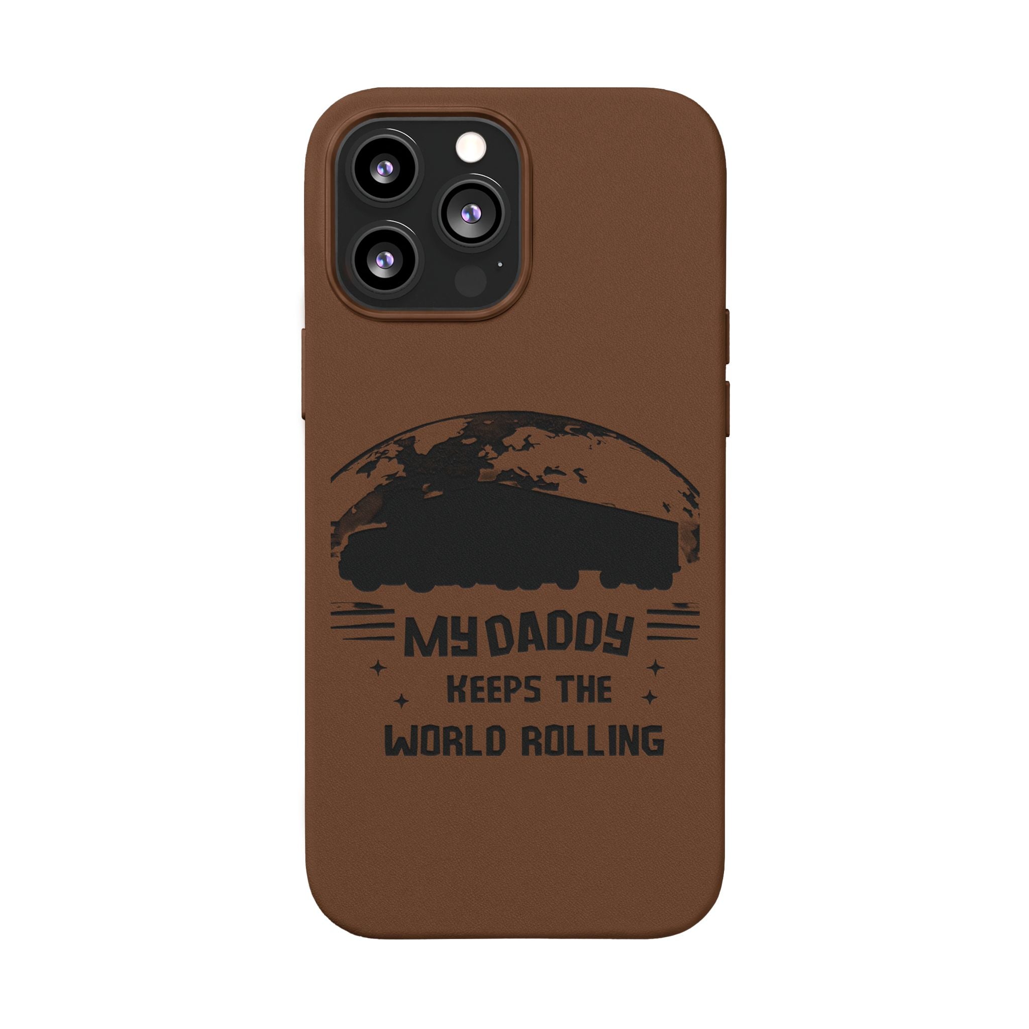 Engraved PU Leather Phone Case — 'Mhdaddy Keeps the World Rolling' Vintage Van Design