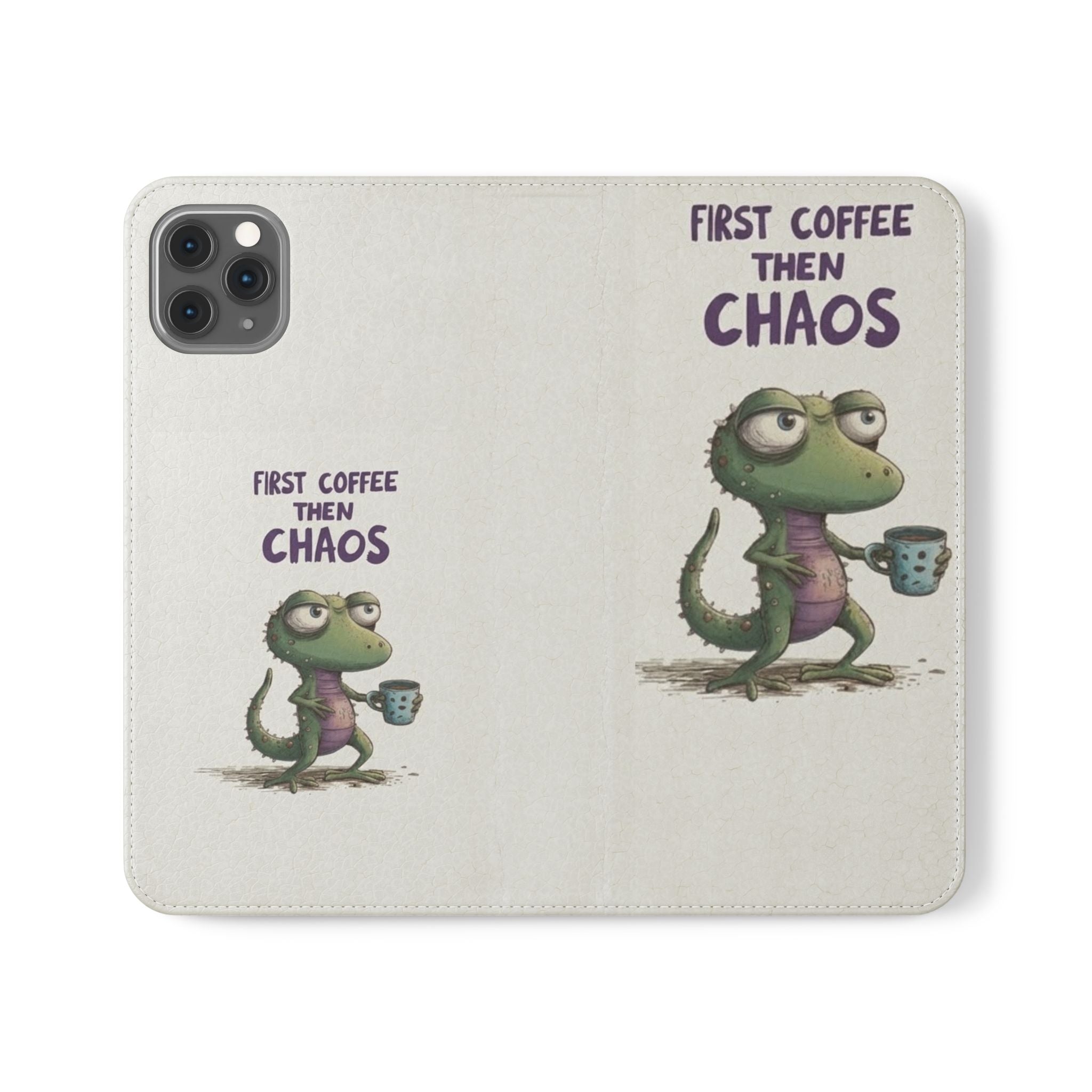 Flip Case — "First Coffee Then Chaos" Cute Dino Phone Wallet
