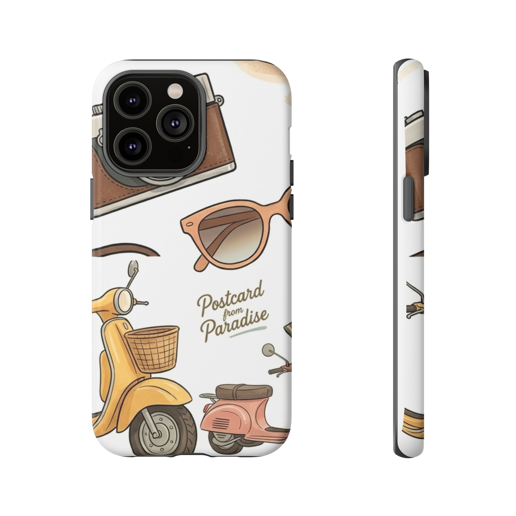 Vintage Summer Beach Phone Case — Feminine Travel Pattern with Cameras, Sunglasses & Scooter
