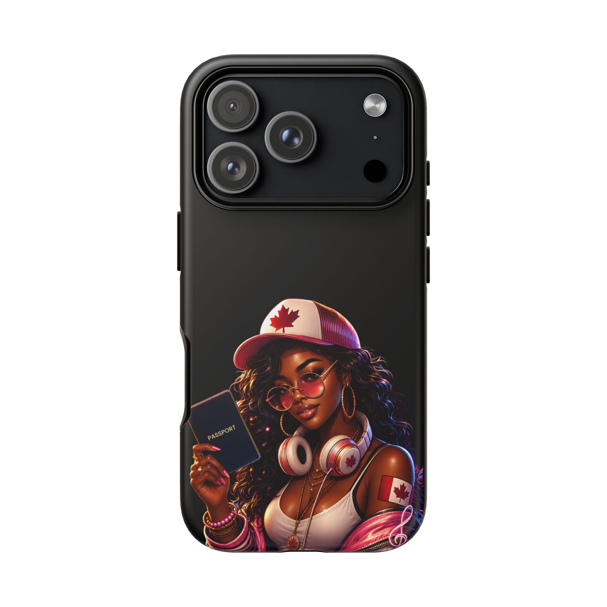 Canadian Vibes Phone Case — Afrobeat Girl with Headphones & Passport Design