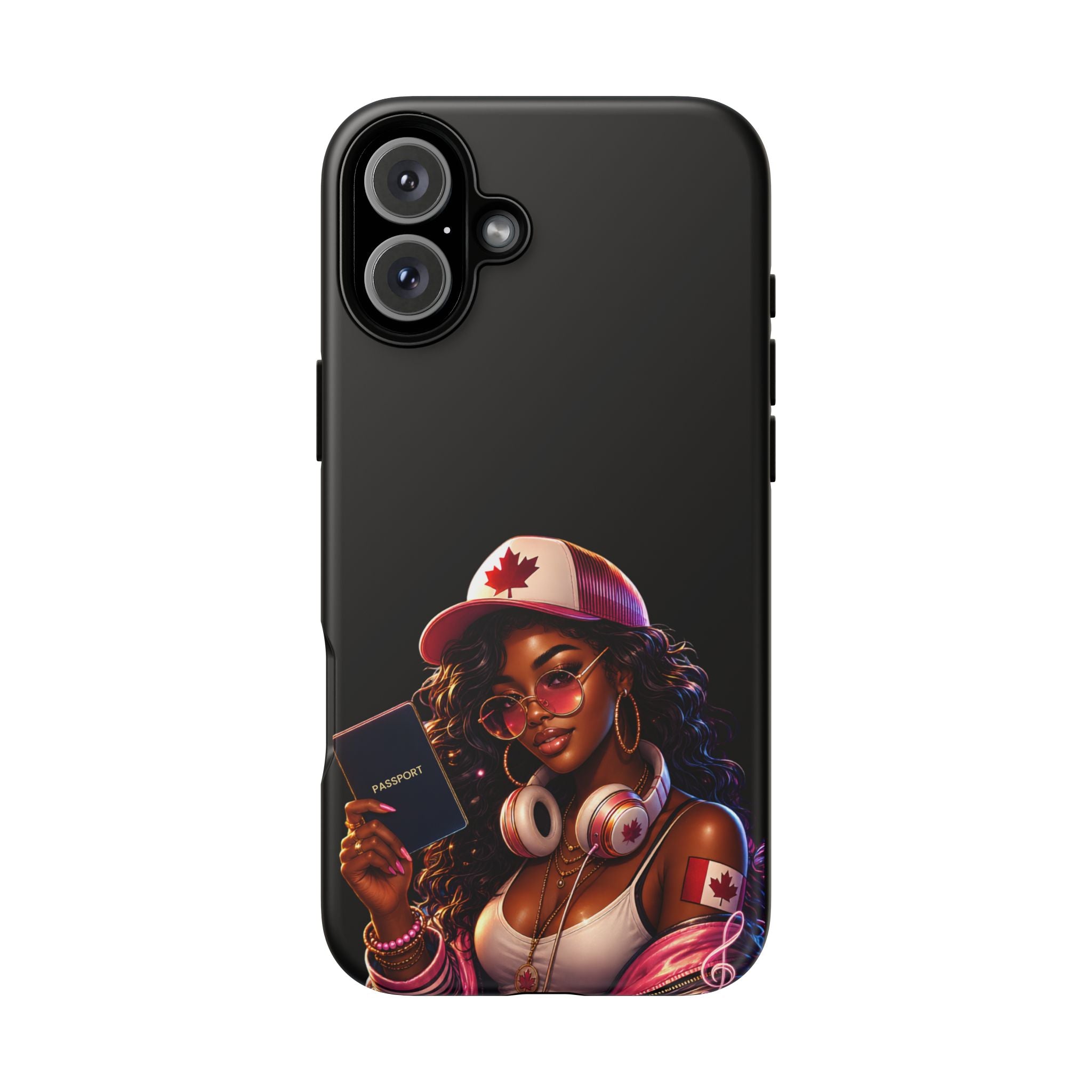 Canadian Vibes Phone Case — Afrobeat Girl with Headphones & Passport Design