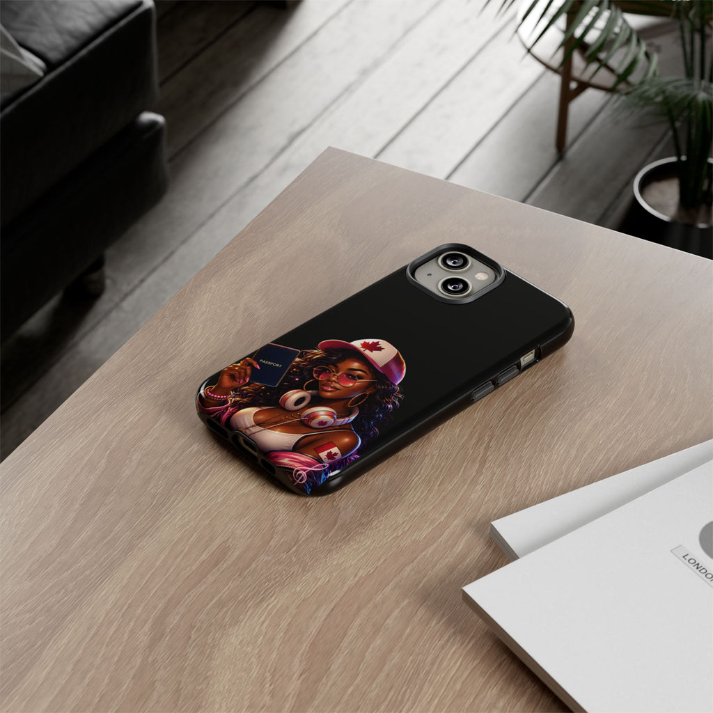 Canadian Vibes Phone Case — Afrobeat Girl with Headphones & Passport Design