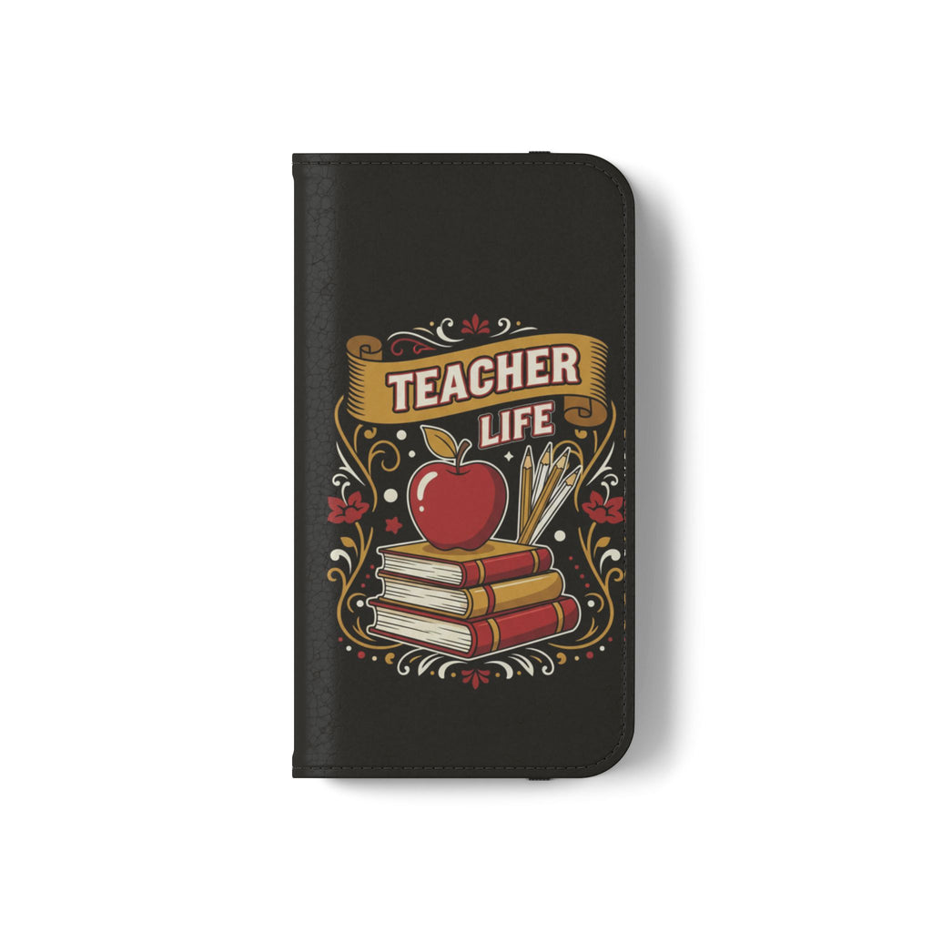 Teacher Life Flip Phone Case – Wallet Folio with Apple & Books Design