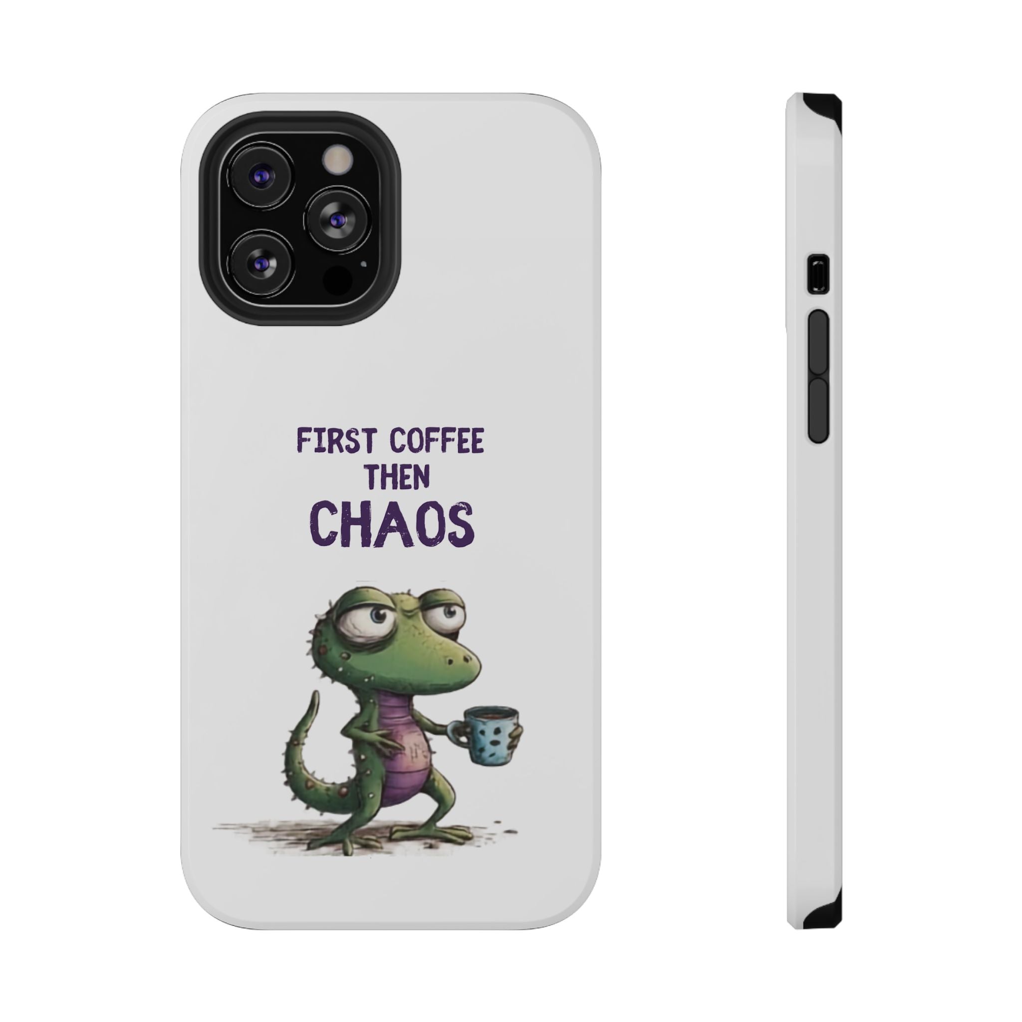 Impact-Resistant Phone Case — "First Coffee Then Chaos" Cute Lizard Coffee Design