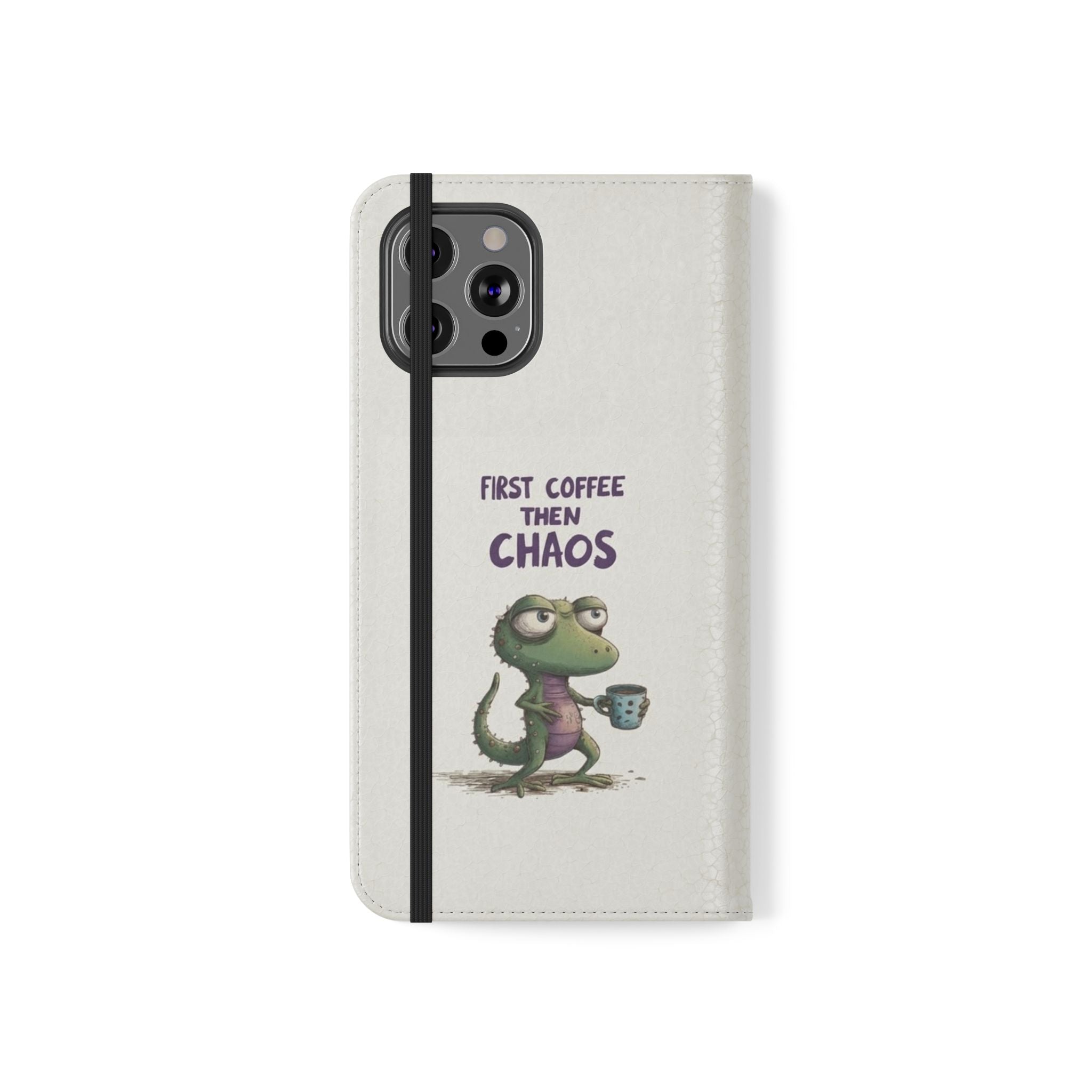 Flip Case — "First Coffee Then Chaos" Cute Dino Phone Wallet