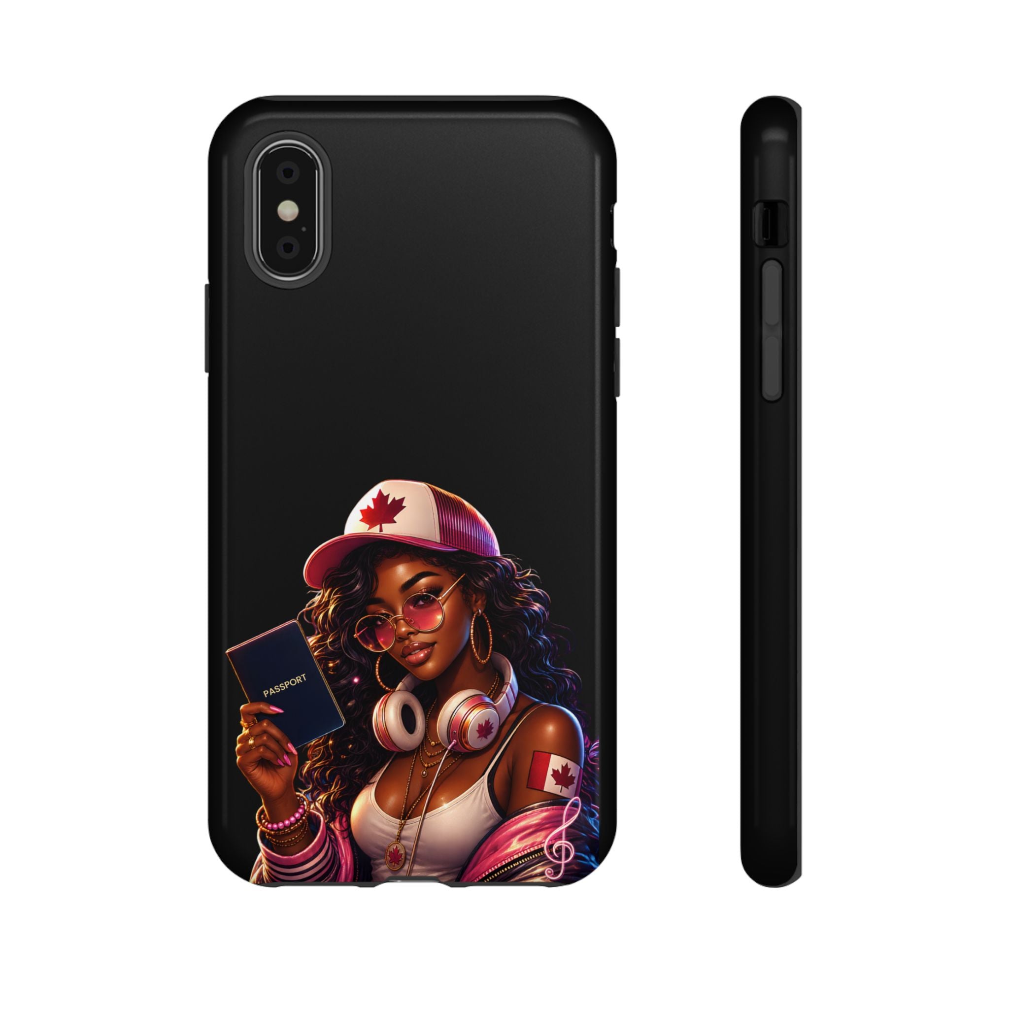 Canadian Vibes Phone Case — Afrobeat Girl with Headphones & Passport Design