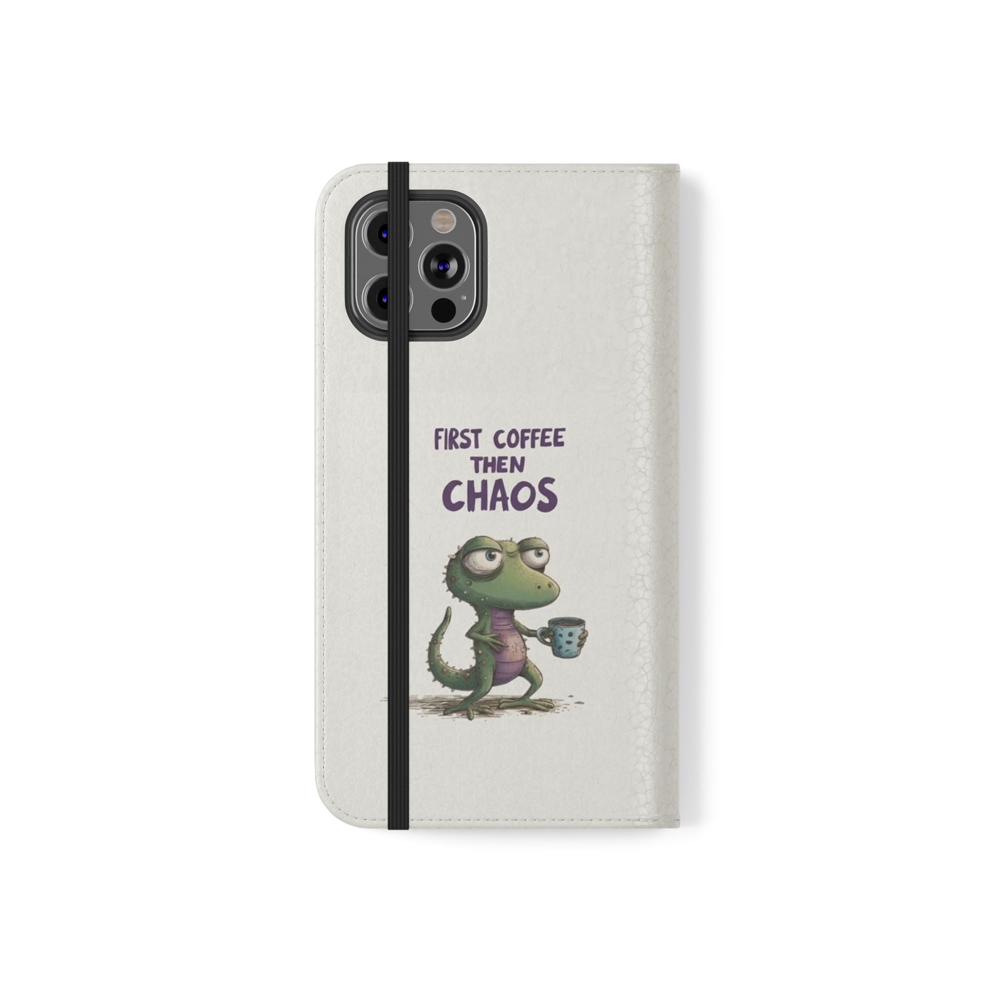 Flip Case — "First Coffee Then Chaos" Cute Dino Phone Wallet