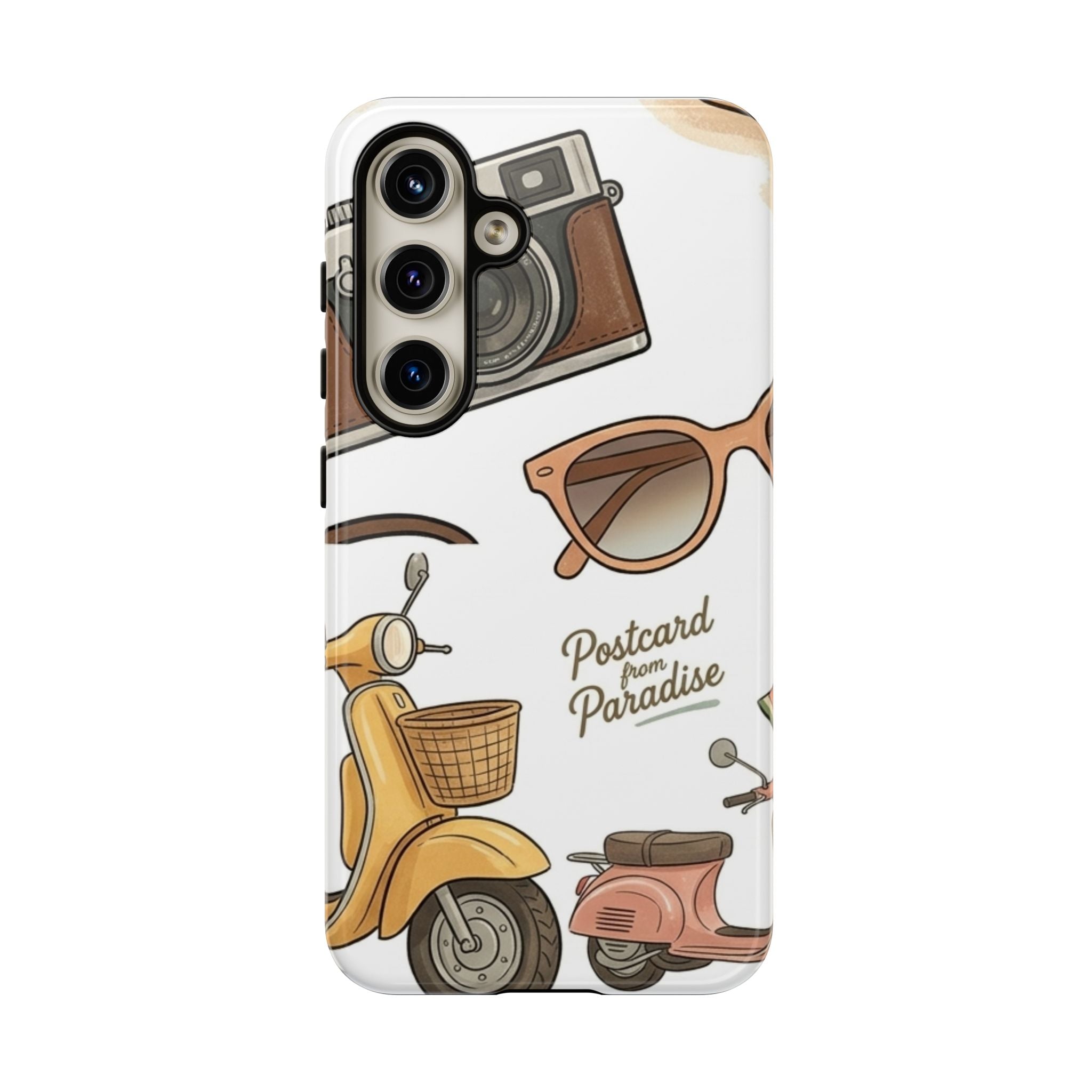 Vintage Summer Beach Phone Case — Feminine Travel Pattern with Cameras, Sunglasses & Scooter