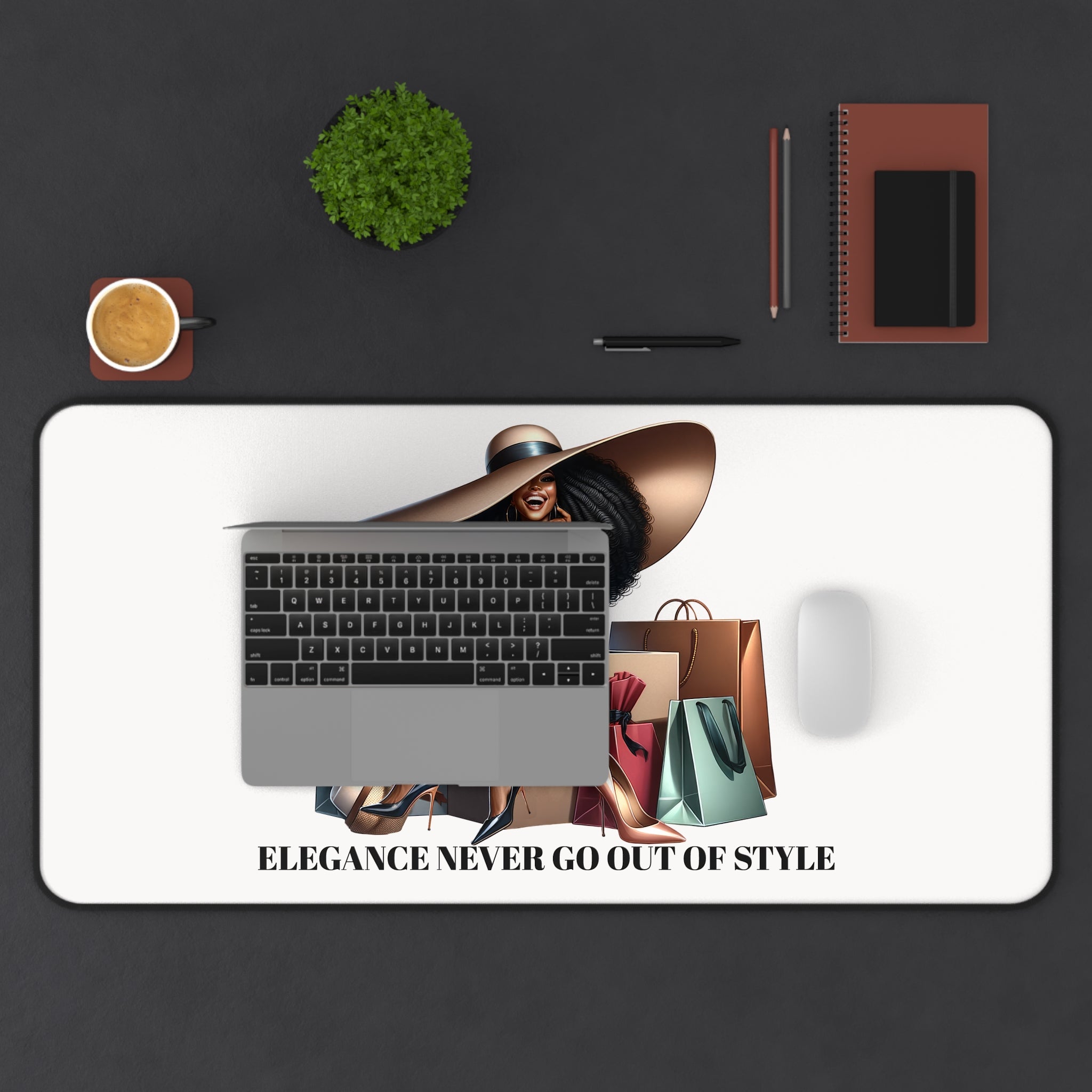 Chic Shopper Desk Mat — Fashionista Woman with Shopping Bags Mouse Pad