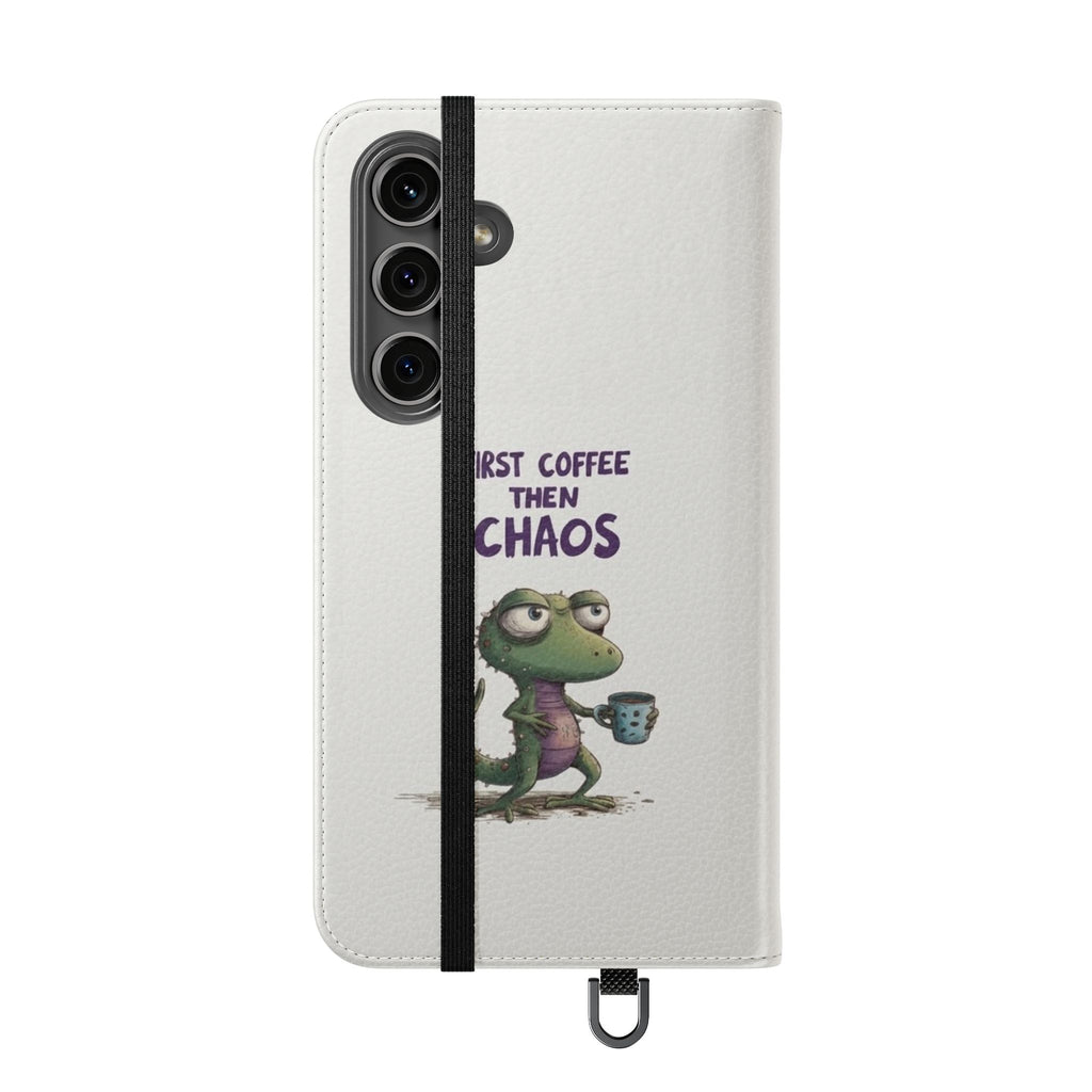 Flip Case — "First Coffee Then Chaos" Cute Dino Phone Wallet