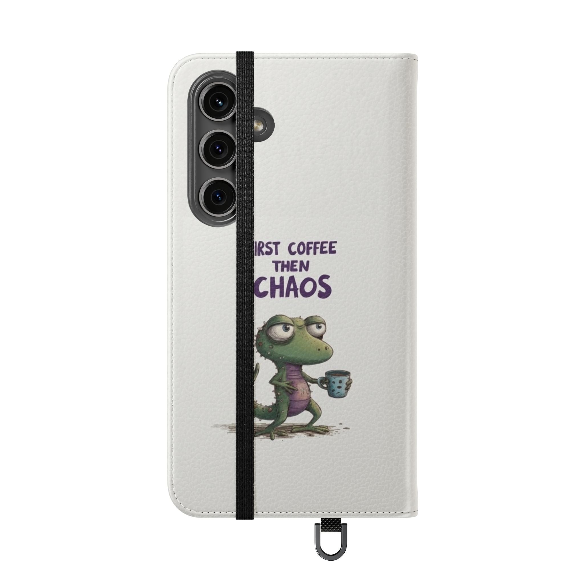 Flip Case — "First Coffee Then Chaos" Cute Dino Phone Wallet