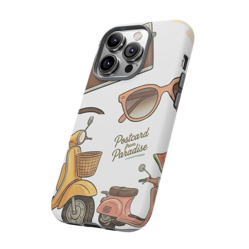 Vintage Summer Beach Phone Case — Feminine Travel Pattern with Cameras, Sunglasses & Scooter