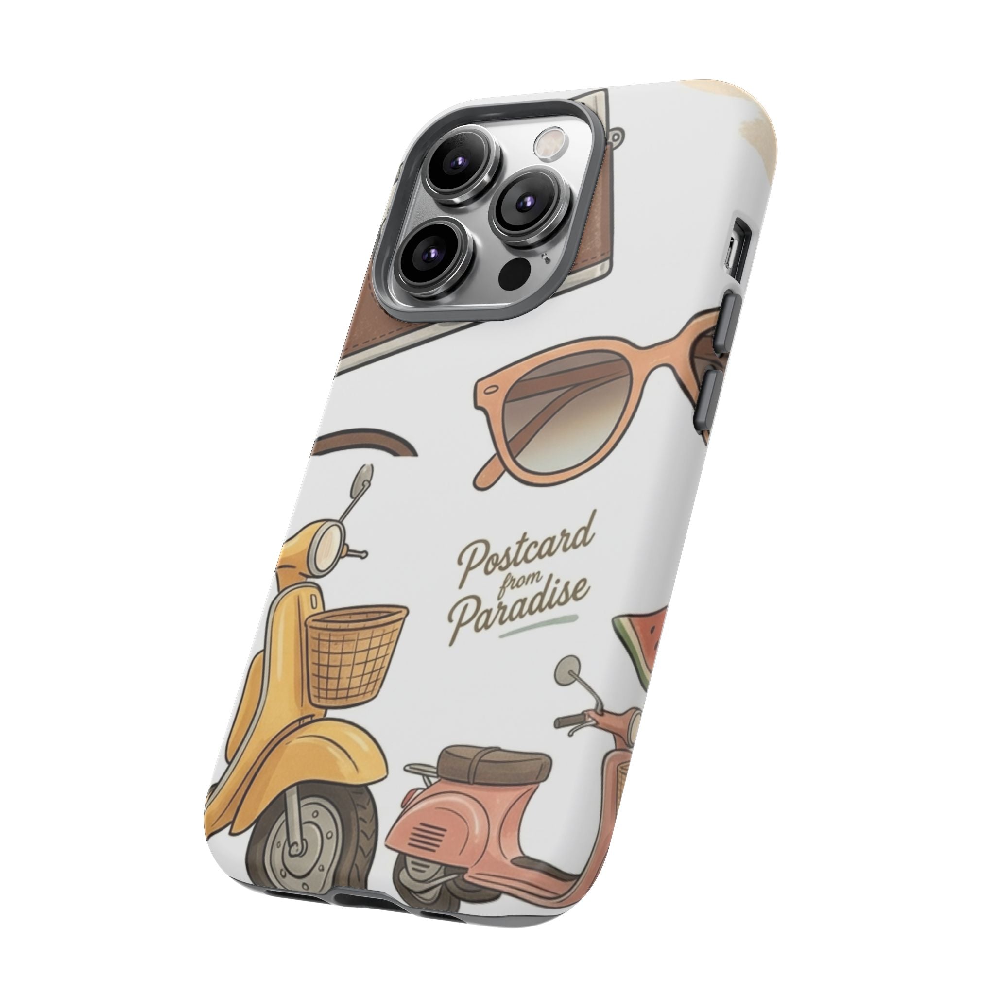 Vintage Summer Beach Phone Case — Feminine Travel Pattern with Cameras, Sunglasses & Scooter