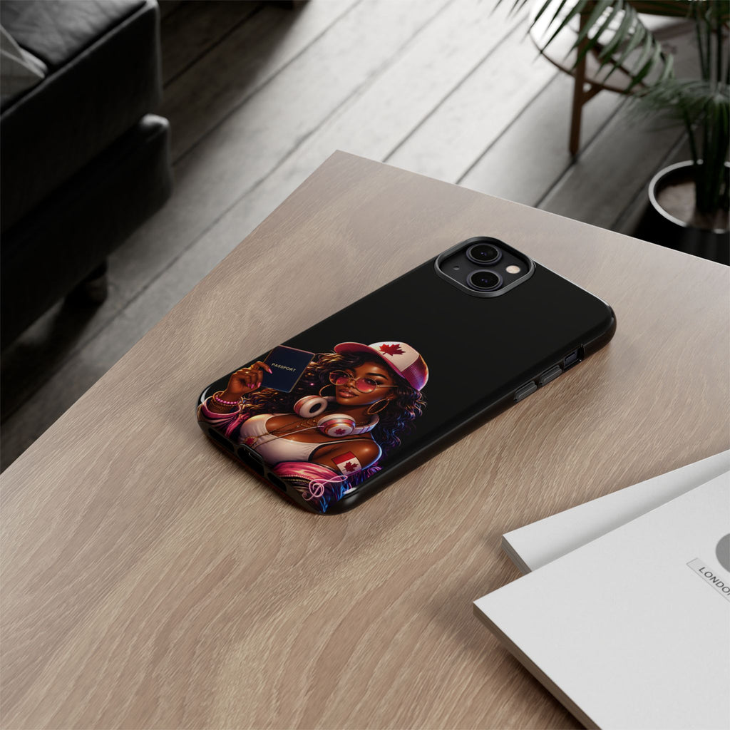 Canadian Vibes Phone Case — Afrobeat Girl with Headphones & Passport Design