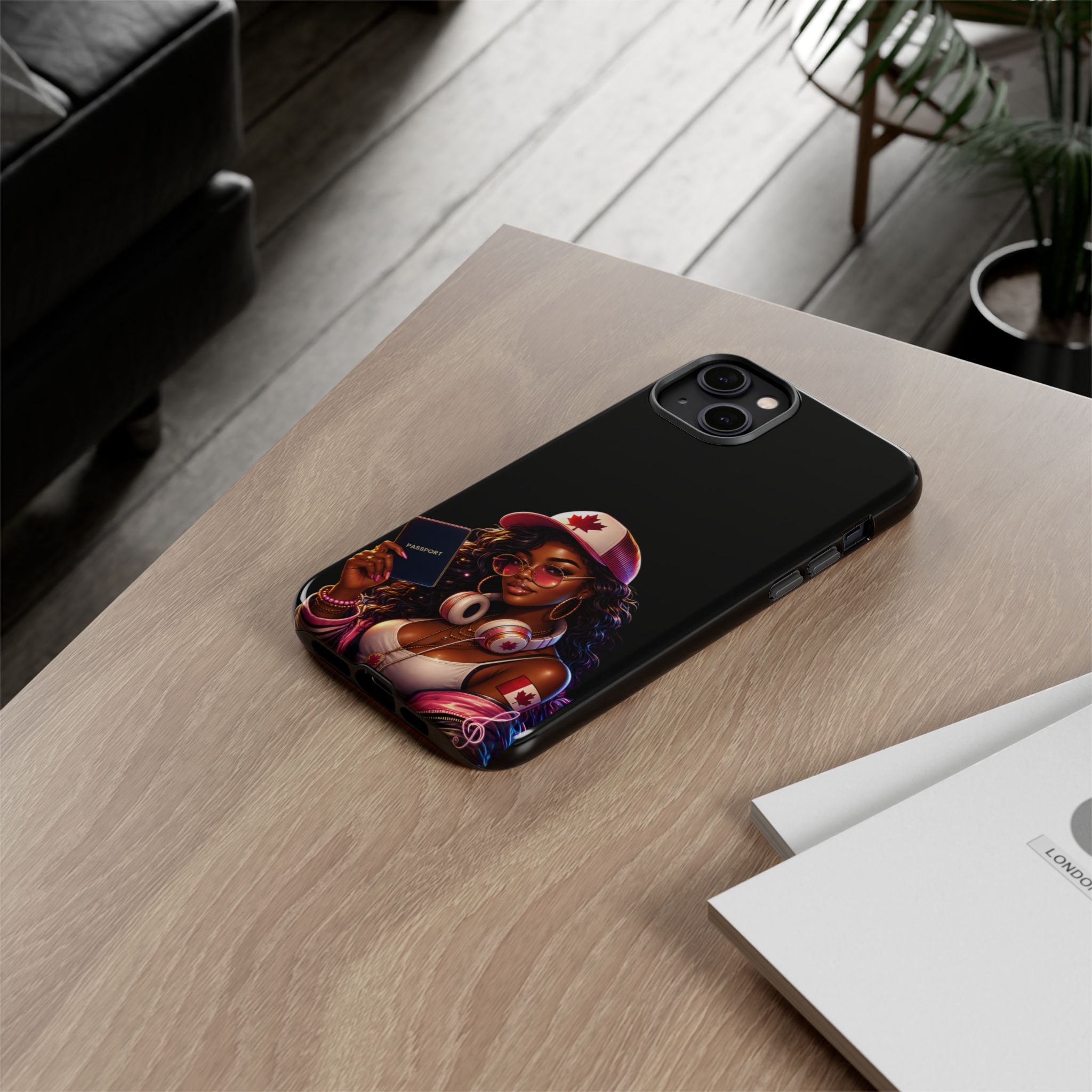 Canadian Vibes Phone Case — Afrobeat Girl with Headphones & Passport Design
