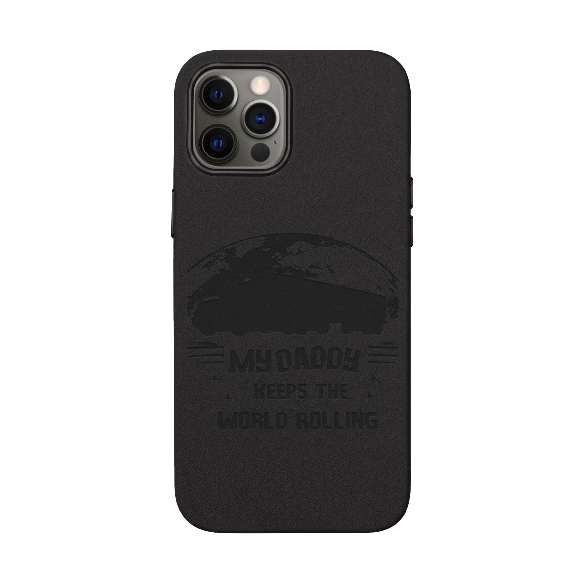 Engraved PU Leather Phone Case — 'Mhdaddy Keeps the World Rolling' Vintage Van Design