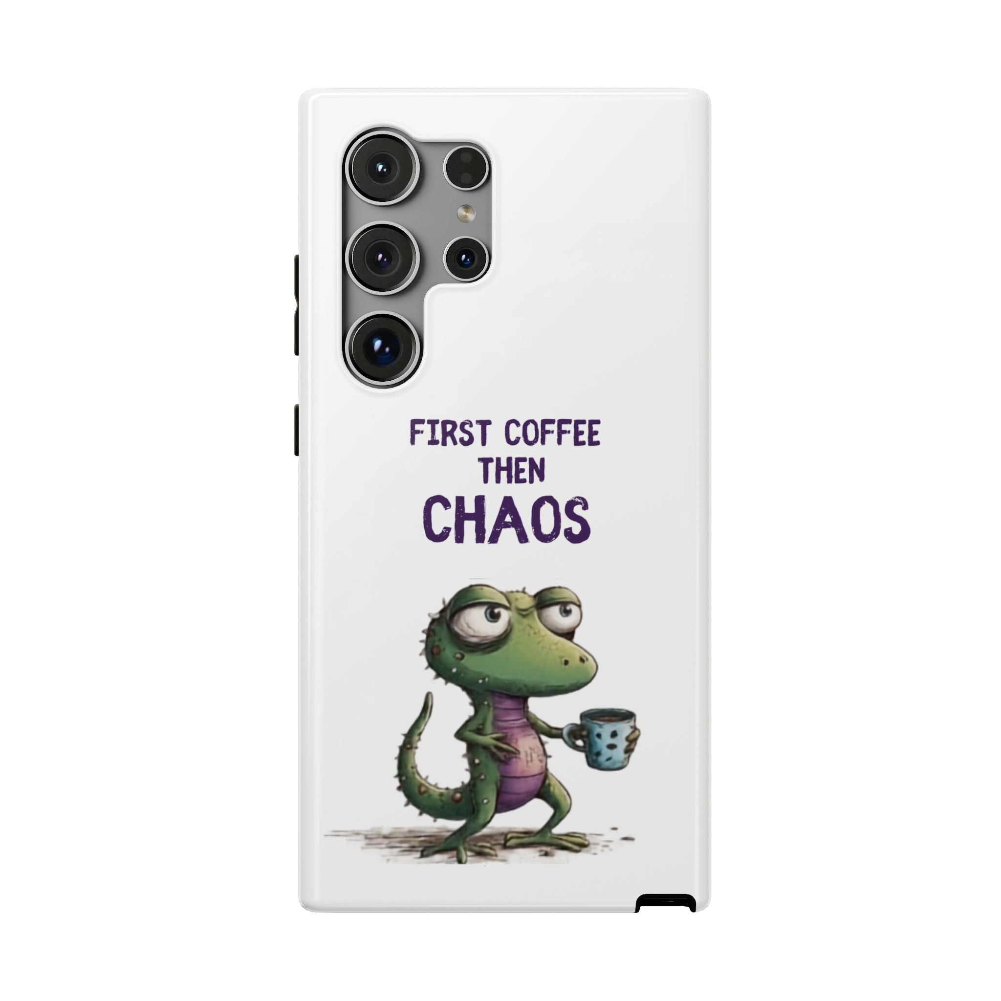 Impact-Resistant Phone Case — "First Coffee Then Chaos" Cute Lizard Coffee Design