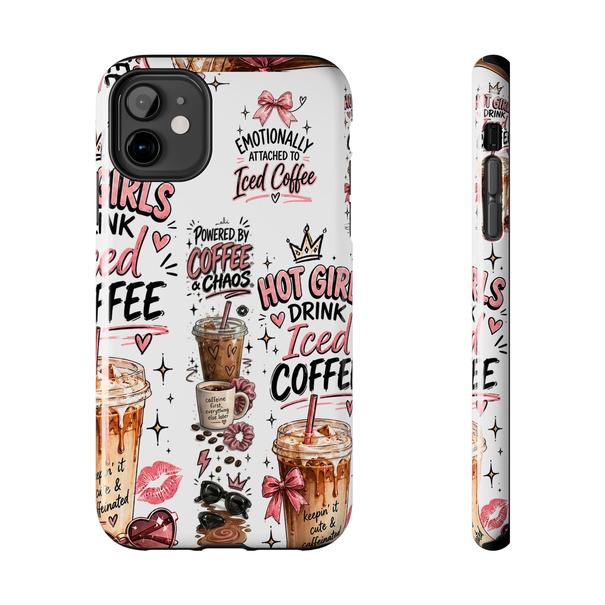 Iced Coffee Pattern Phone Case – "Powered by Coffee & Chaos" Tough Protective Case