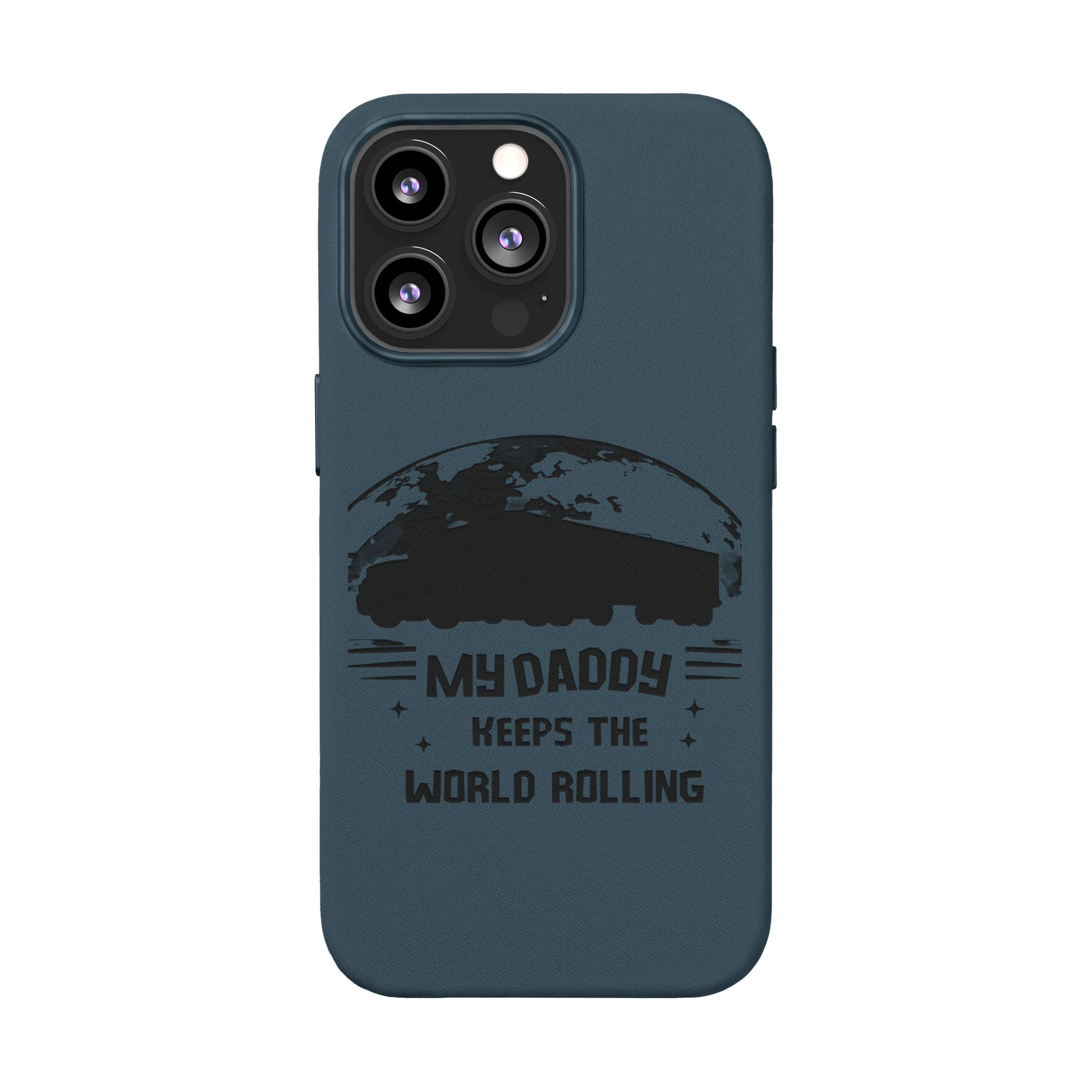 Engraved PU Leather Phone Case — 'Mhdaddy Keeps the World Rolling' Vintage Van Design