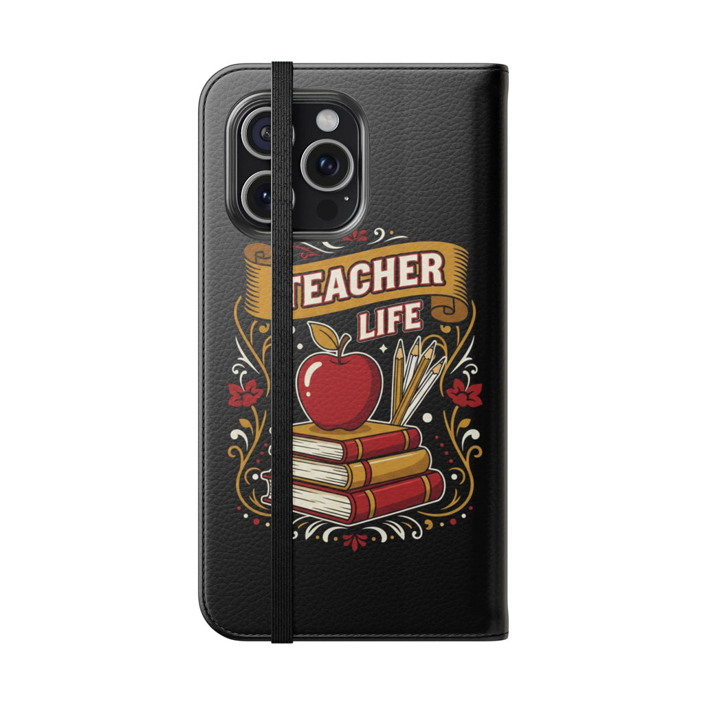 Teacher Life Flip Phone Case – Wallet Folio with Apple & Books Design