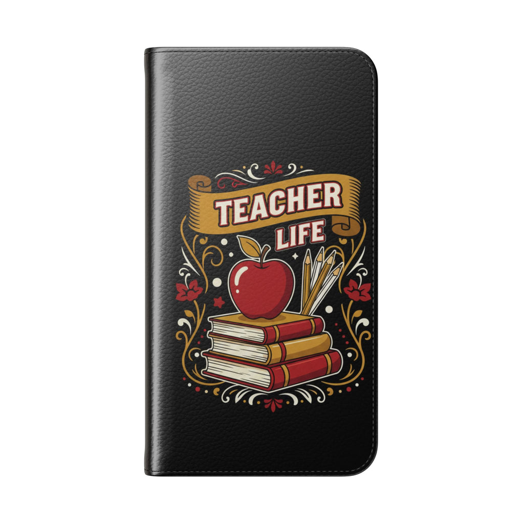 Teacher Life Flip Phone Case – Wallet Folio with Apple & Books Design