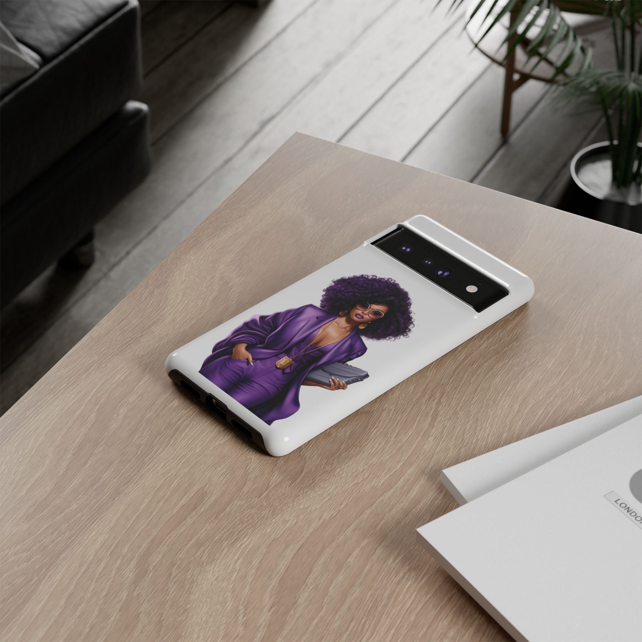 Purple Power Woman Phone Case — Afro Chic Businesswoman Protective Phone Cover