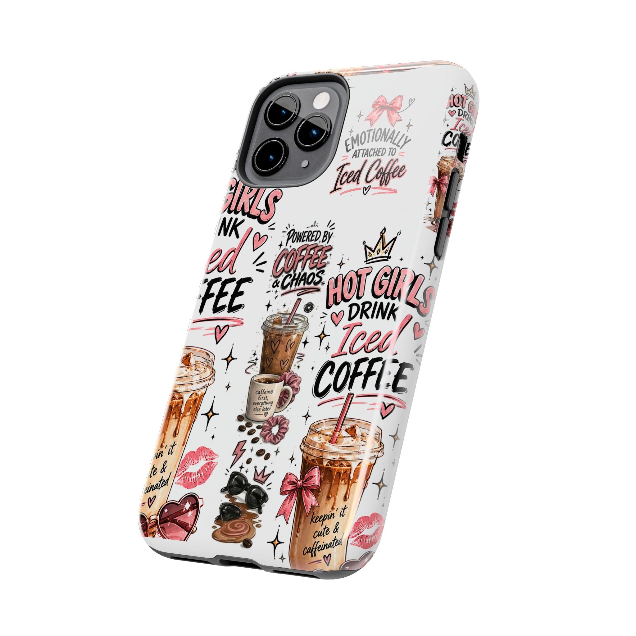Iced Coffee Pattern Phone Case – "Powered by Coffee & Chaos" Tough Protective Case