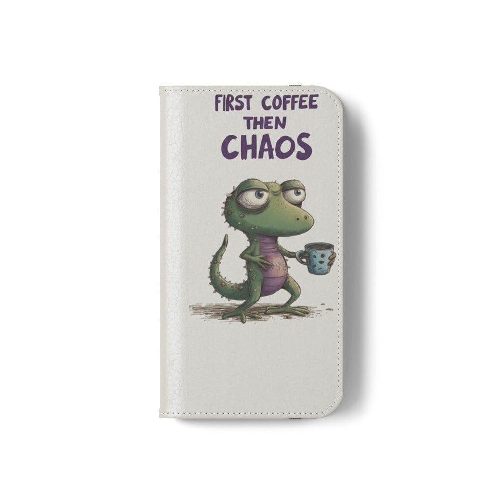 Flip Case — "First Coffee Then Chaos" Cute Dino Phone Wallet