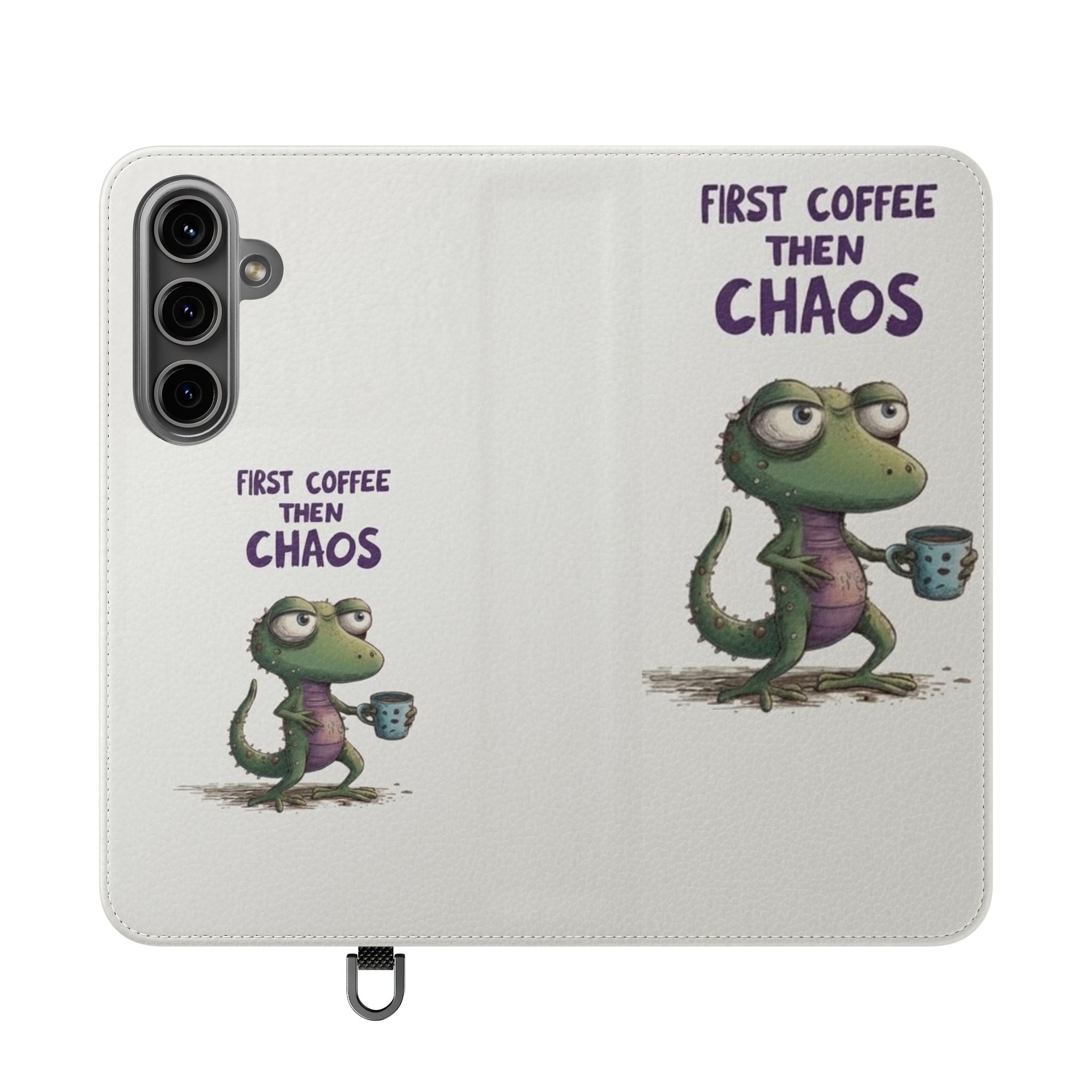 Flip Case — "First Coffee Then Chaos" Cute Dino Phone Wallet