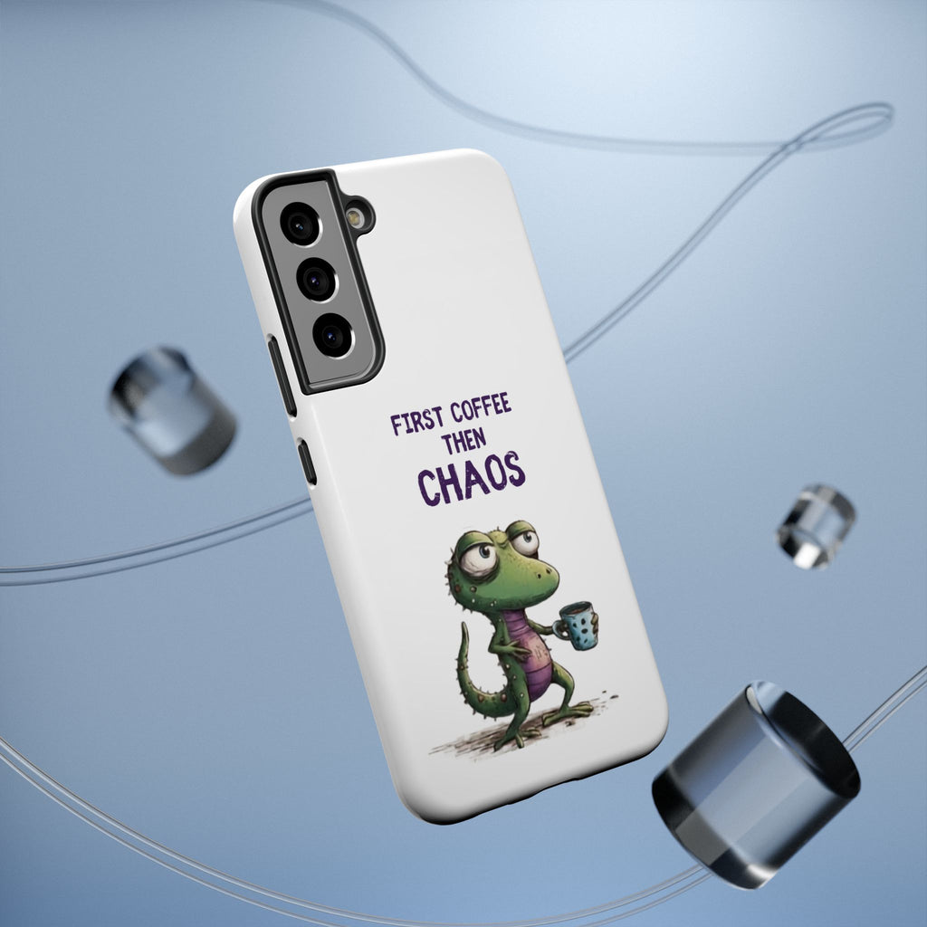 Impact-Resistant Phone Case — "First Coffee Then Chaos" Cute Lizard Coffee Design