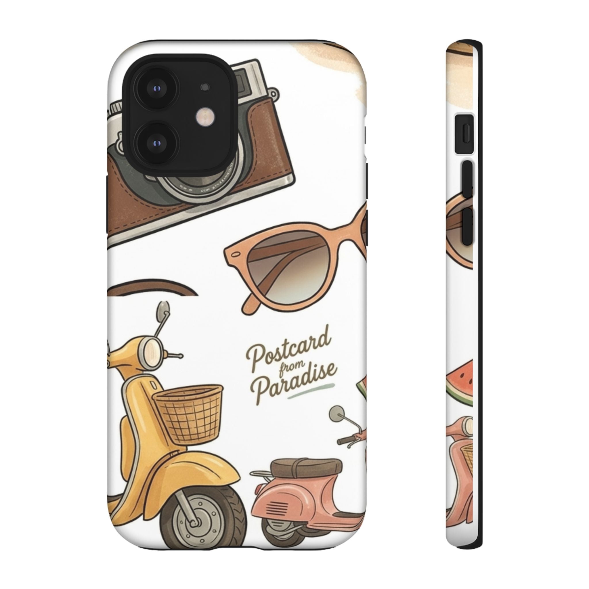 Vintage Summer Beach Phone Case — Feminine Travel Pattern with Cameras, Sunglasses & Scooter