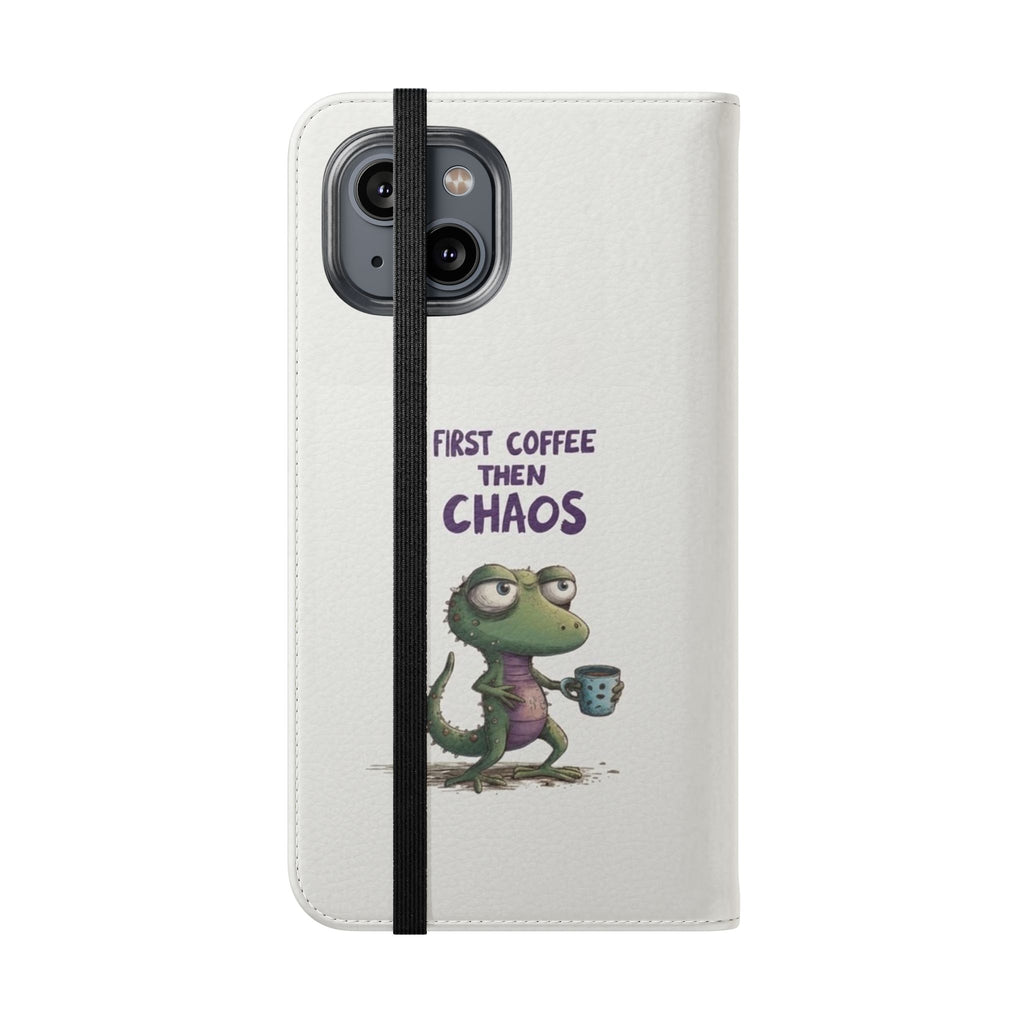 Flip Case — "First Coffee Then Chaos" Cute Dino Phone Wallet