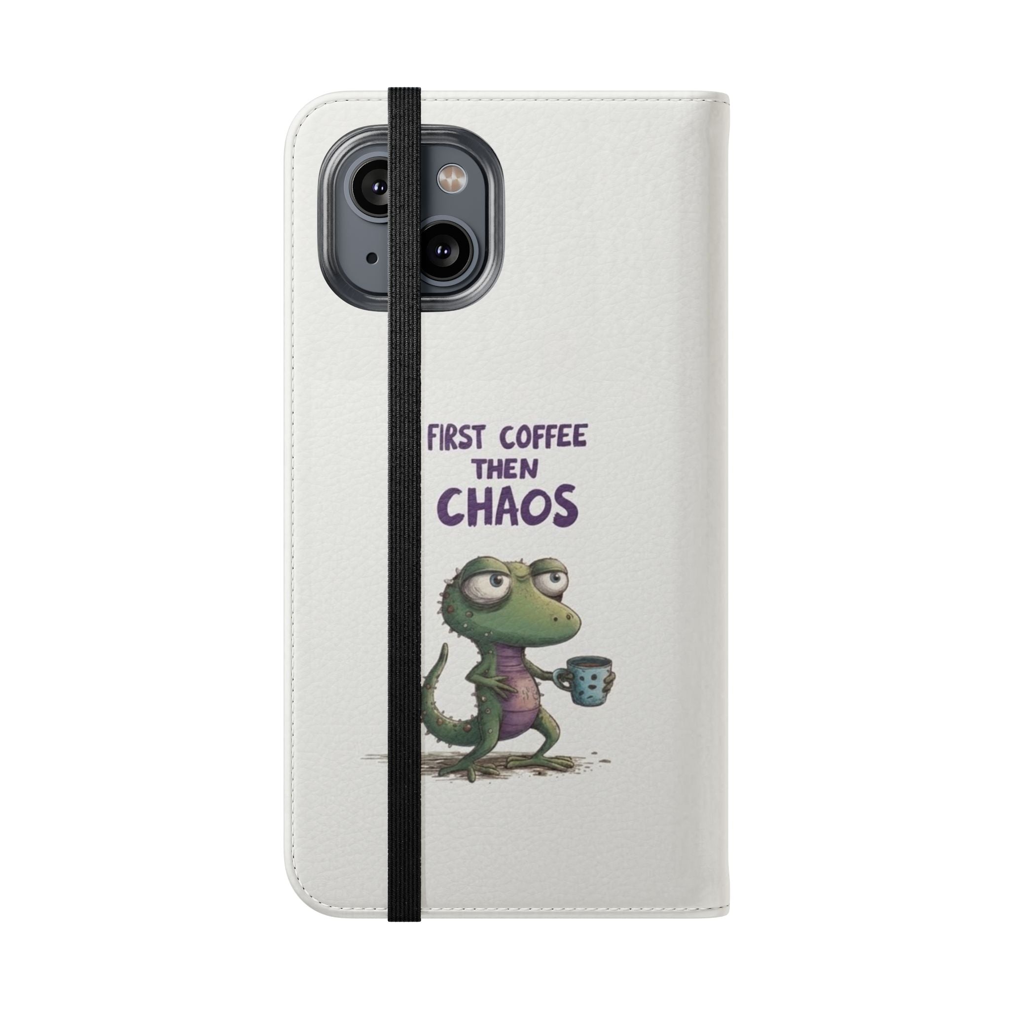Flip Case — "First Coffee Then Chaos" Cute Dino Phone Wallet