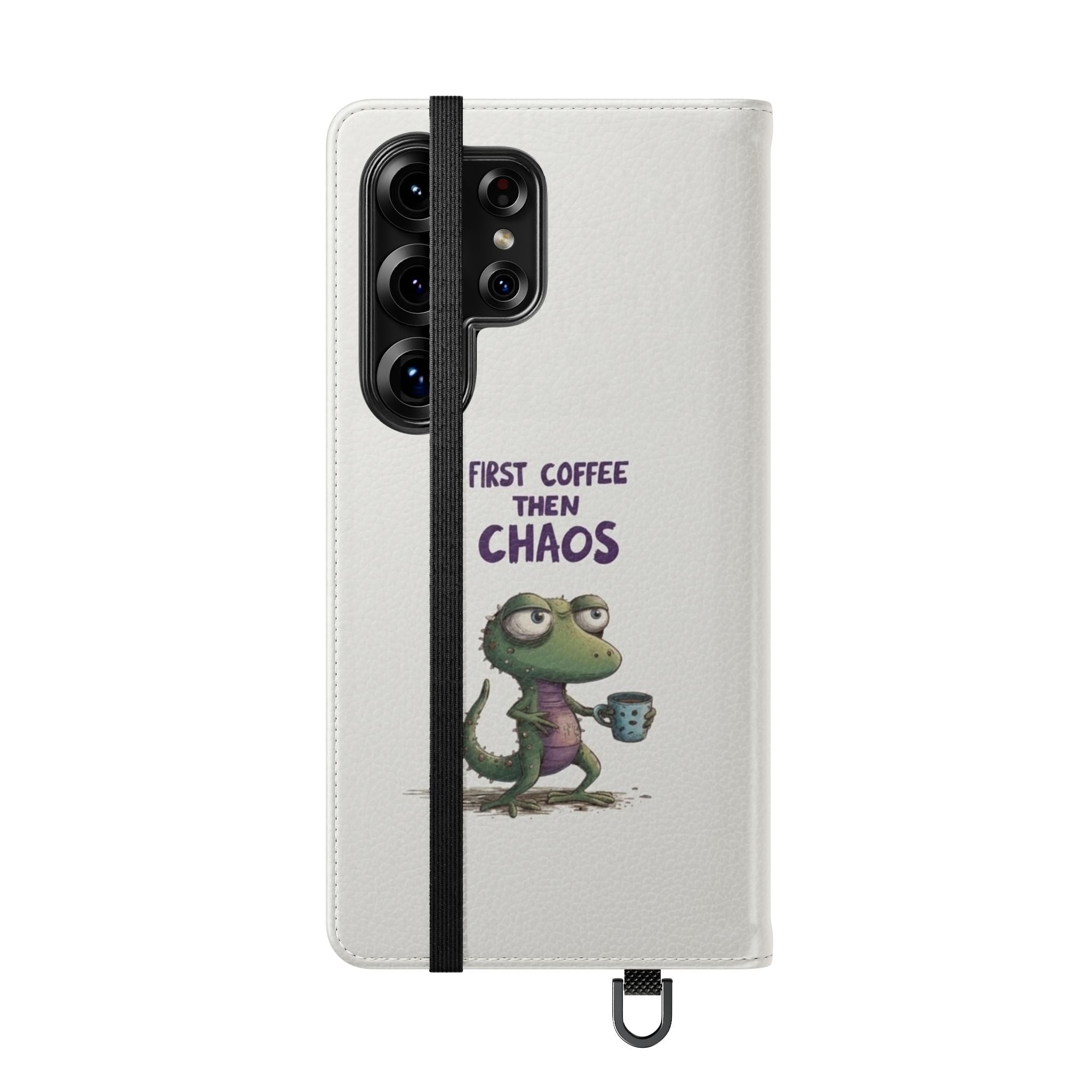 Flip Case — "First Coffee Then Chaos" Cute Dino Phone Wallet