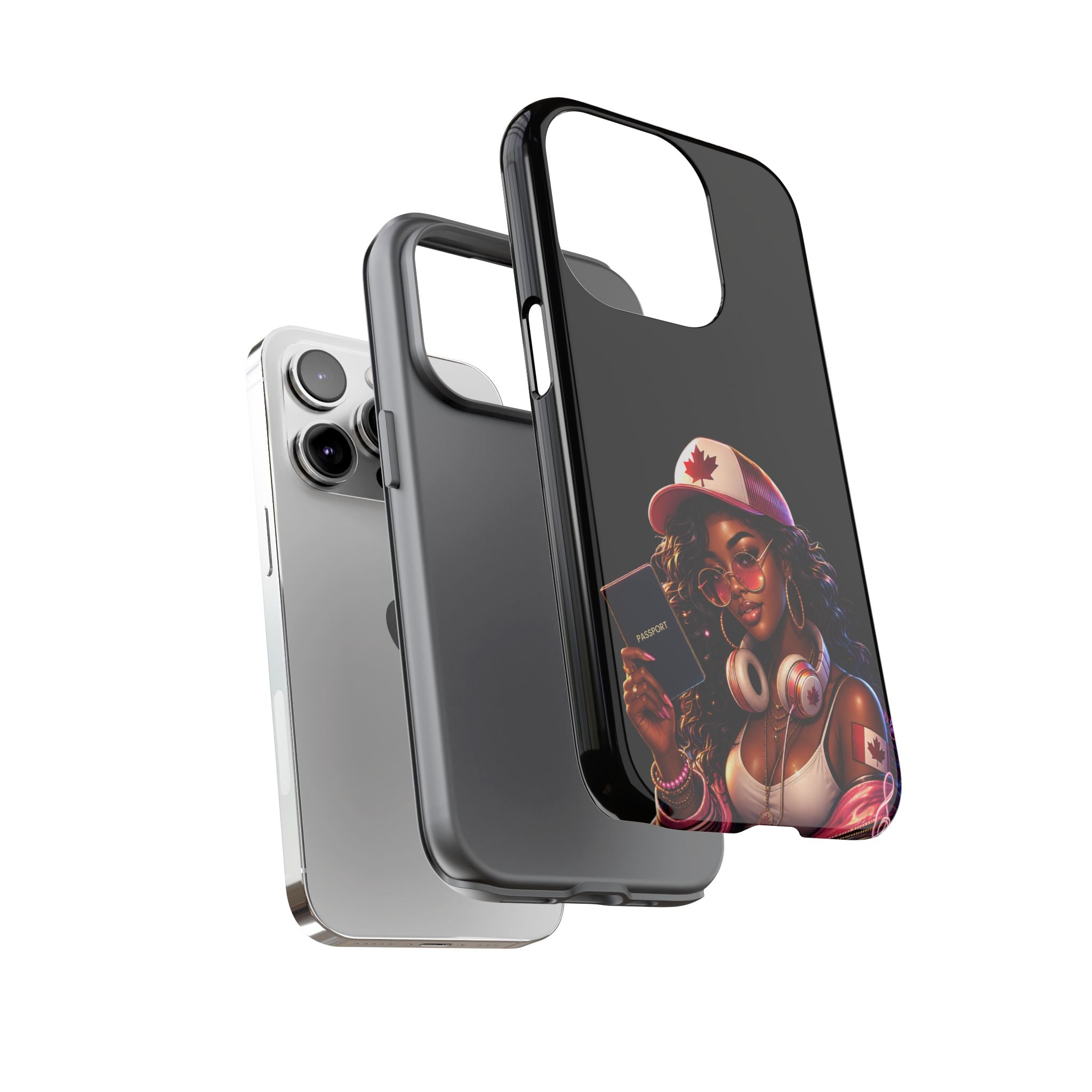 Canadian Vibes Phone Case — Afrobeat Girl with Headphones & Passport Design