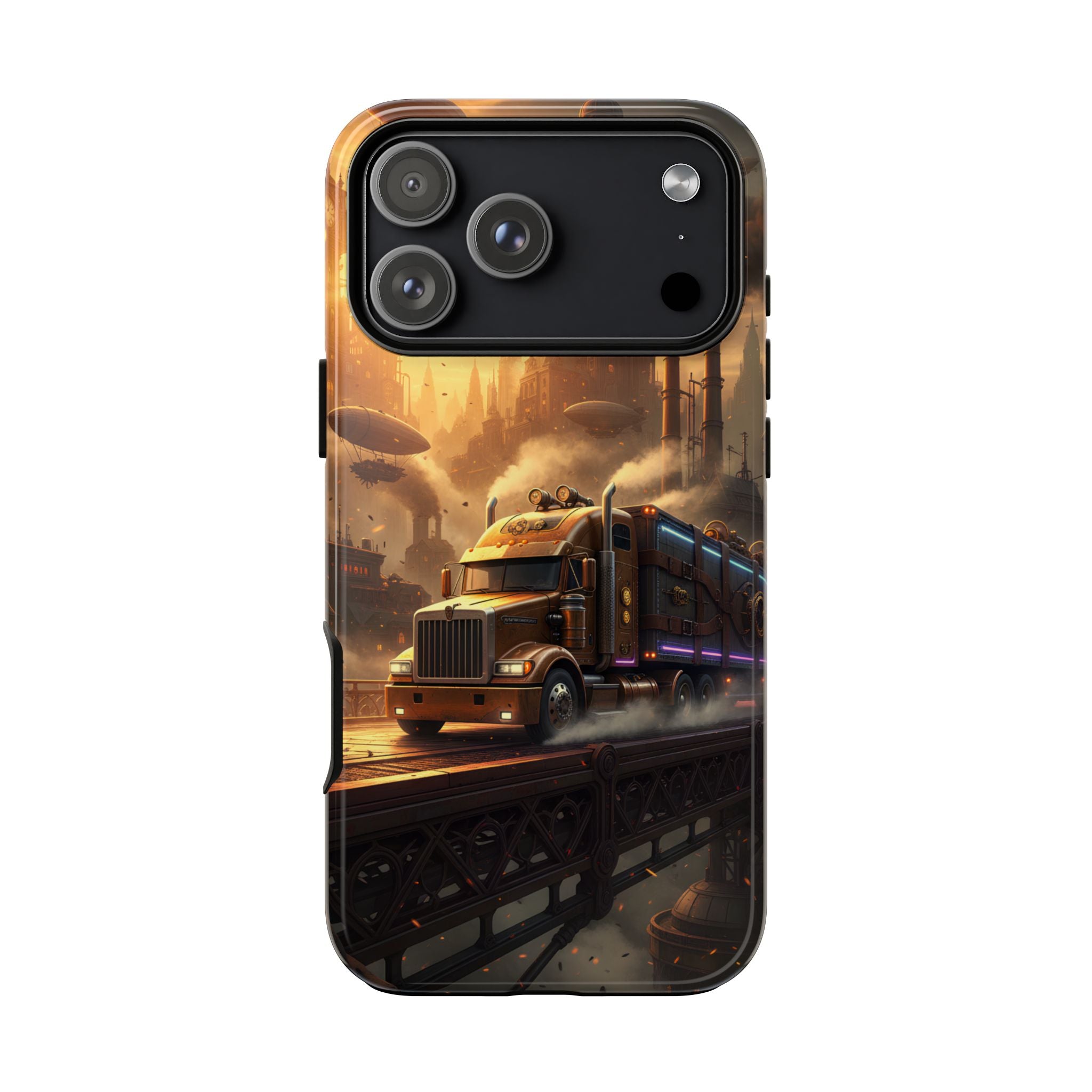 Steampunk Freightliner Phone Case — Rugged Trucking Cityscape iPhone Cover