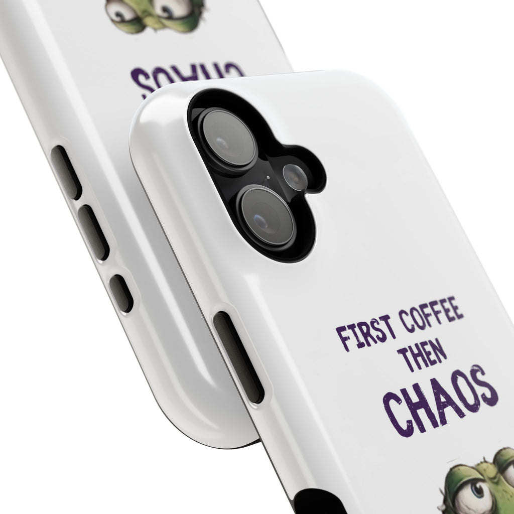 Impact-Resistant Phone Case — "First Coffee Then Chaos" Cute Lizard Coffee Design