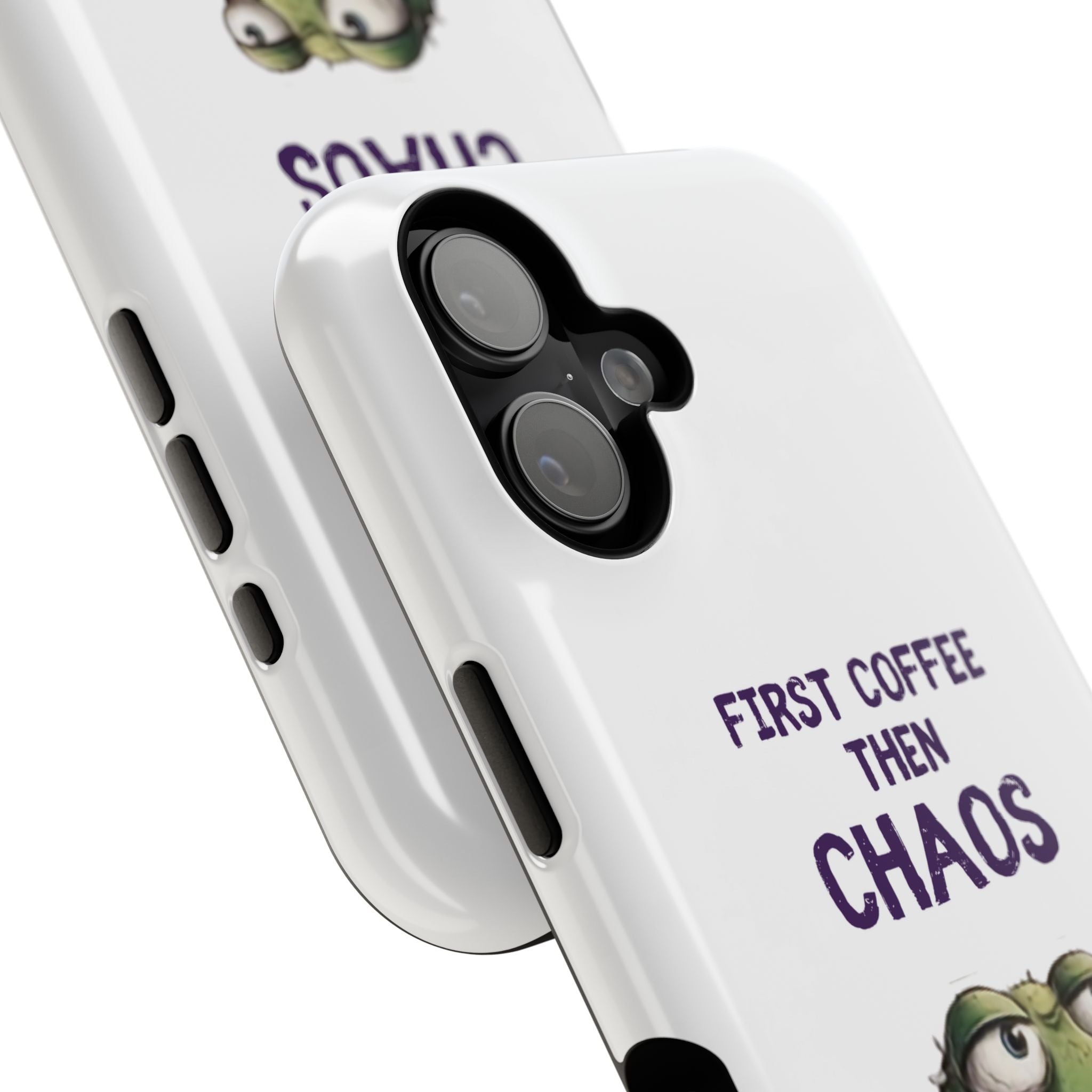 Impact-Resistant Phone Case — "First Coffee Then Chaos" Cute Lizard Coffee Design