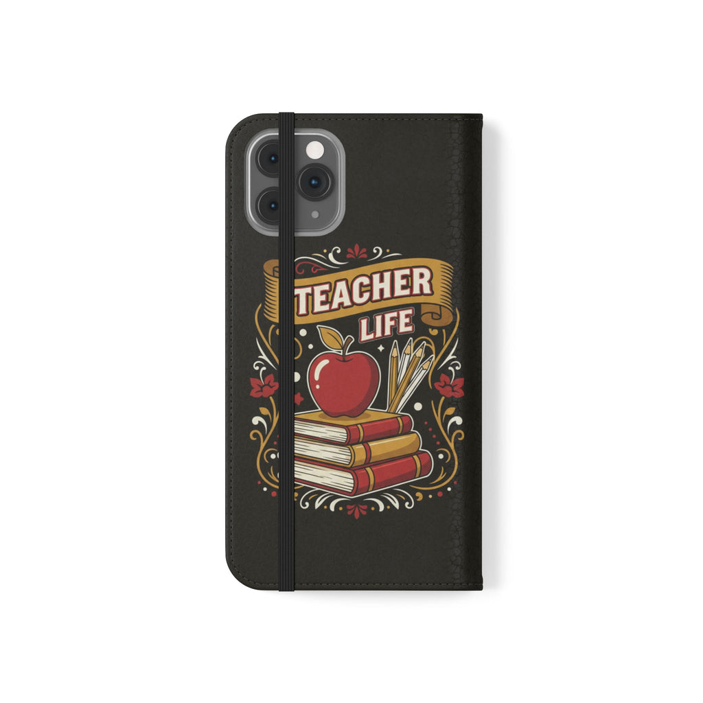 Teacher Life Flip Phone Case – Wallet Folio with Apple & Books Design